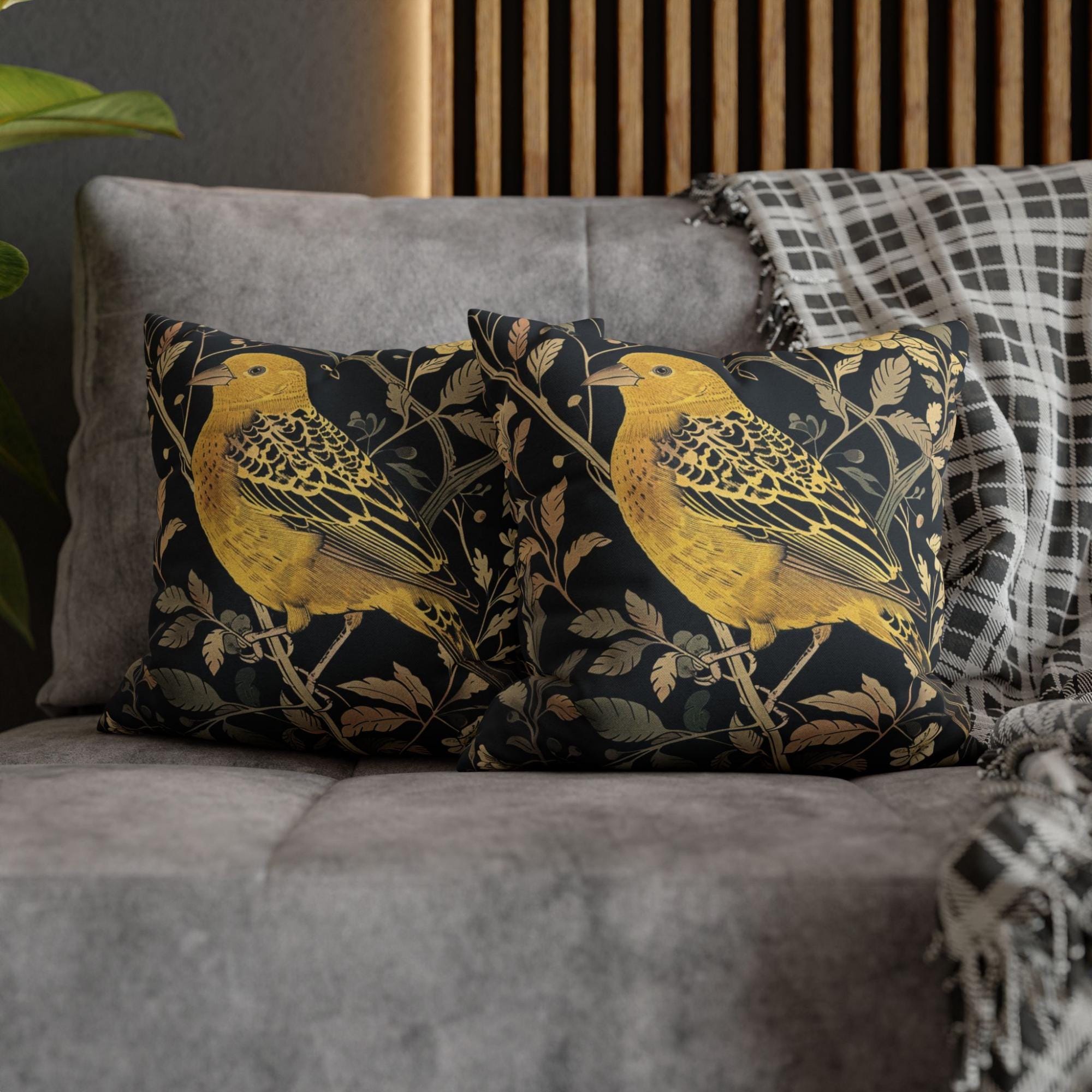 Golden Finch Pillow, William Morris Inspired Floral Cushion, Vintage Bird Throw Pillow, Elegant Nature Couch Accent, Botanical Pillowcase