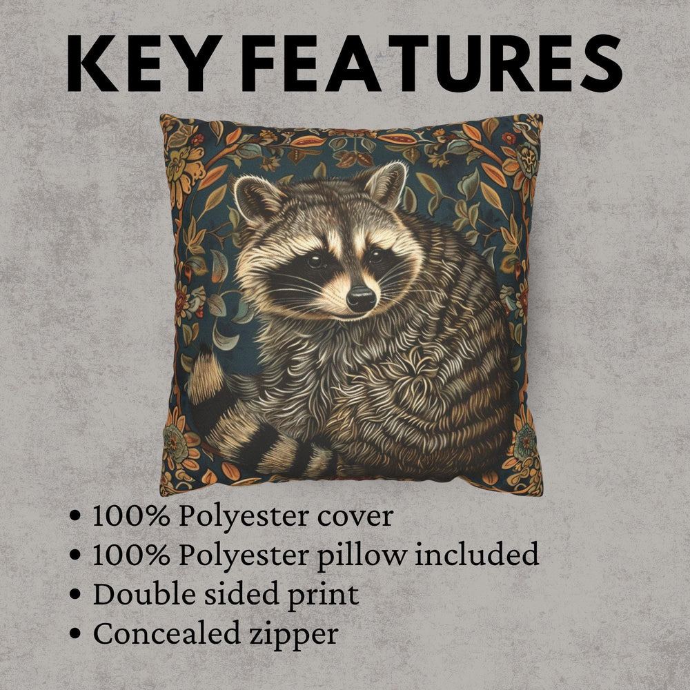 Raccoon Pillow, Woodland Botanical Cushion, William Morris Inspired Throw Pillow, Forest Nature Couch Accent, Vintage Raccoon Pillowcase