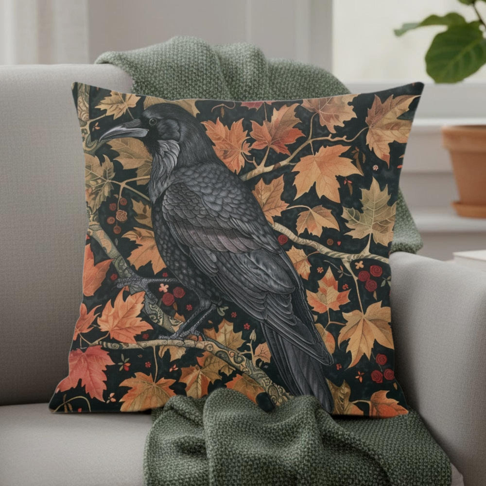 Black Raven Pillow, Autumn Leaves Cushion, William Morris Inspired Throw Pillow, Mystical Couch Accent, Gothic Nature Pillowcase Gift
