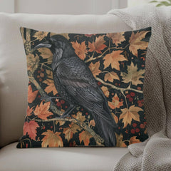 Black Raven Pillow, Autumn Leaves Cushion, William Morris Inspired Throw Pillow, Mystical Couch Accent, Gothic Nature Pillowcase Gift