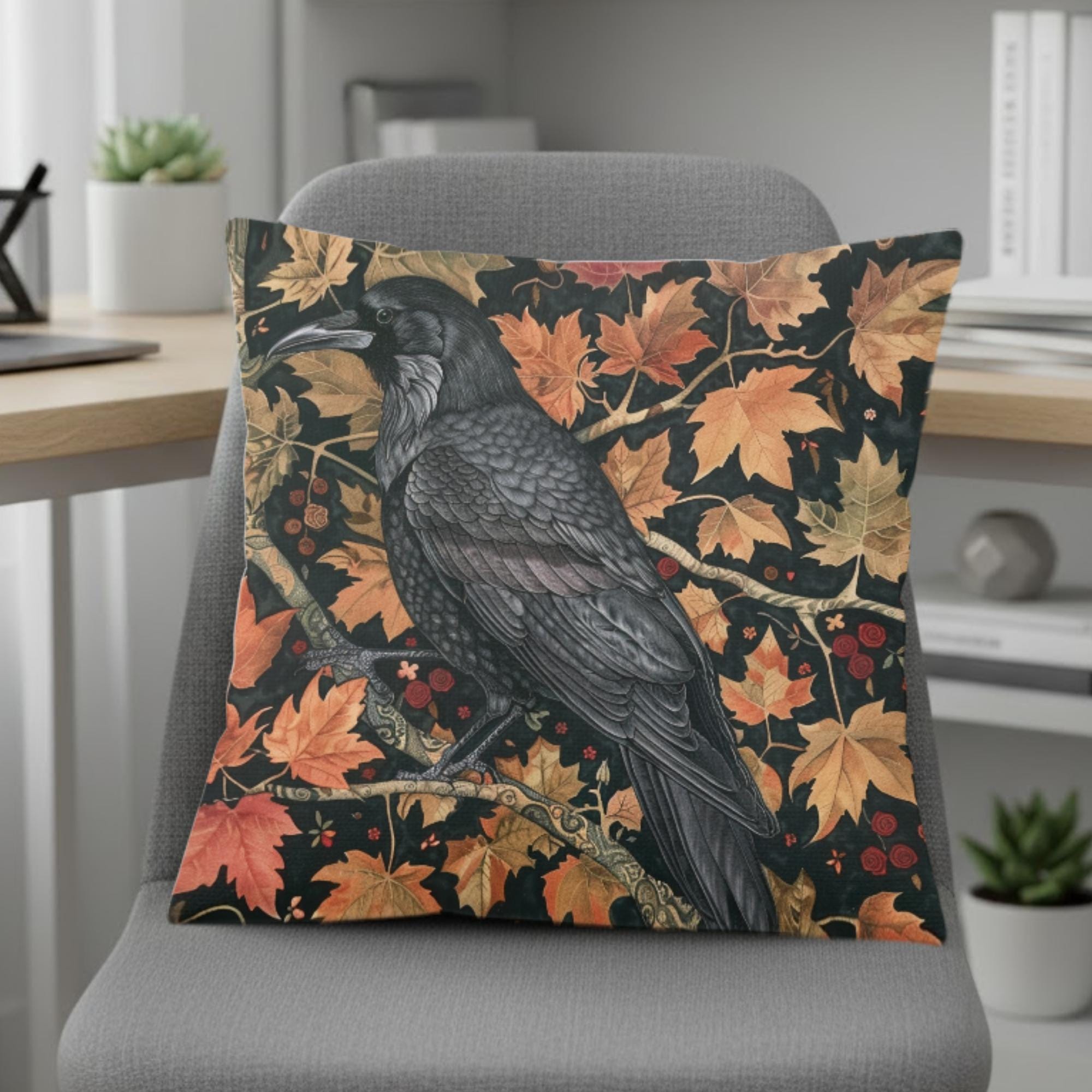 Black Raven Pillow, Autumn Leaves Cushion, William Morris Inspired Throw Pillow, Mystical Couch Accent, Gothic Nature Pillowcase Gift