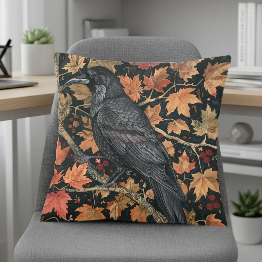 Black Raven Pillow, Autumn Leaves Cushion, William Morris Inspired Throw Pillow, Mystical Couch Accent, Gothic Nature Pillowcase Gift