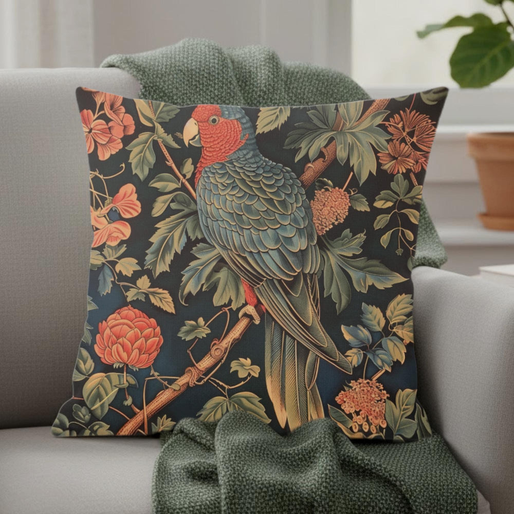 Parrot Garden Pillow, William Morris Inspired Botanical Cushion, Tropical Bird Throw Pillow, Elegant Couch Accent, Vintage Parrot Pillowcase