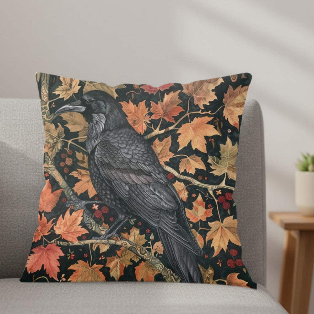 Black Raven Pillow, Autumn Leaves Cushion, William Morris Inspired Throw Pillow, Mystical Couch Accent, Gothic Nature Pillowcase Gift