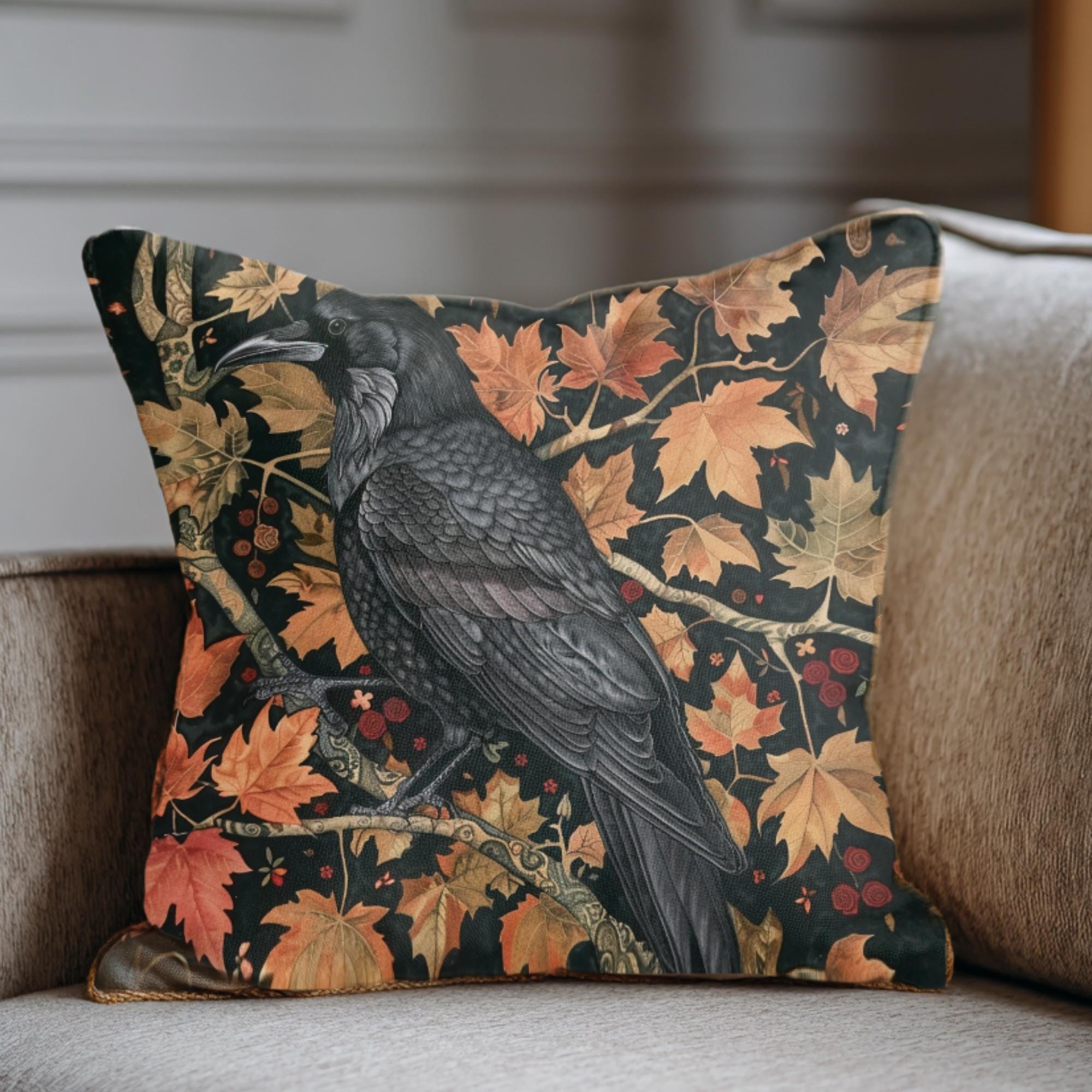 Black Raven Pillow, Autumn Leaves Cushion, William Morris Inspired Throw Pillow, Mystical Couch Accent, Gothic Nature Pillowcase Gift