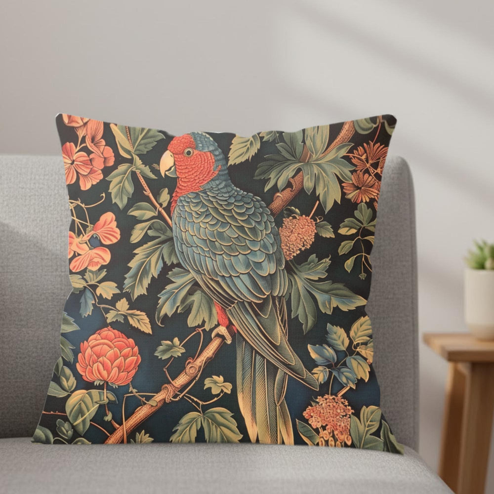 Parrot Garden Pillow, William Morris Inspired Botanical Cushion, Tropical Bird Throw Pillow, Elegant Couch Accent, Vintage Parrot Pillowcase