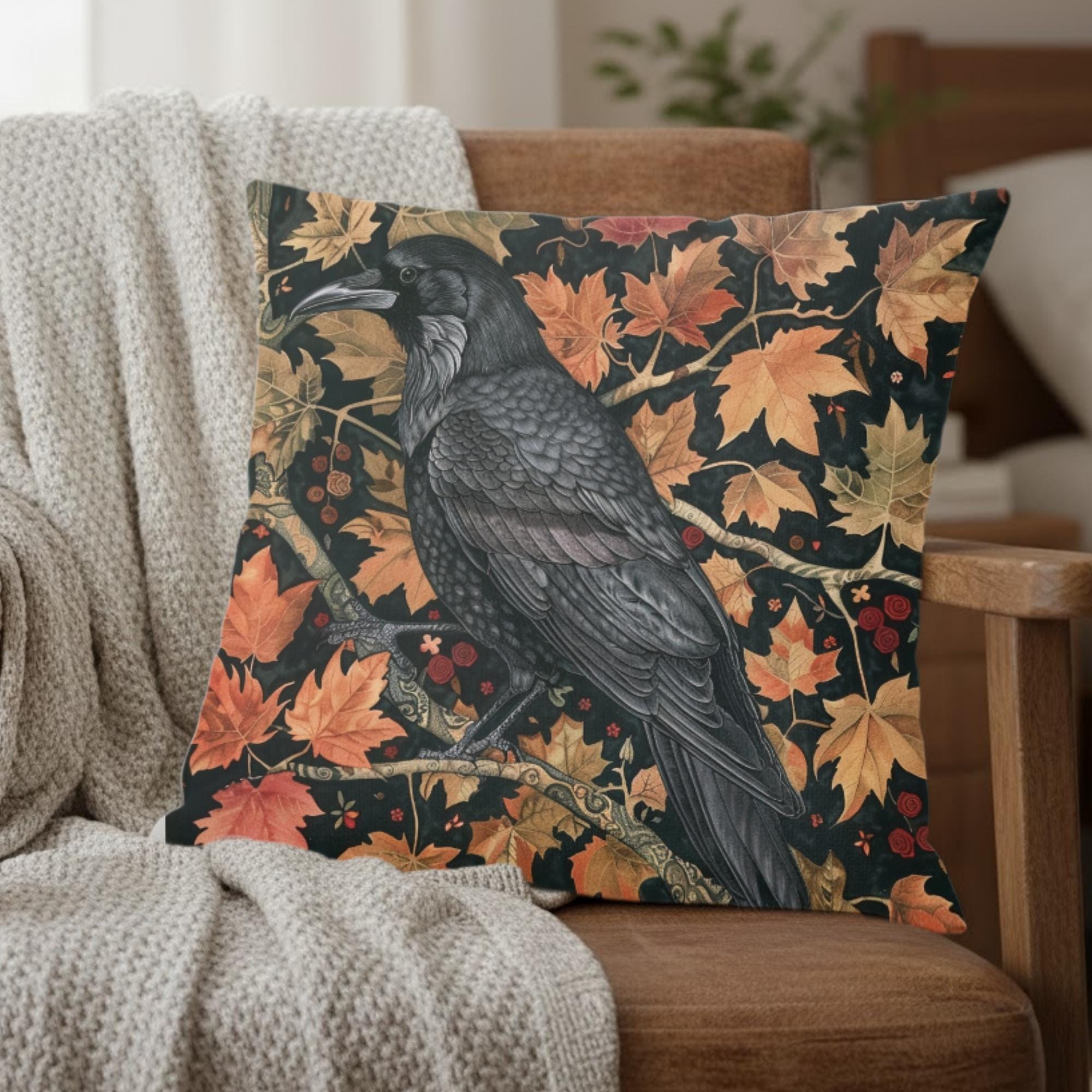 Black Raven Pillow, Autumn Leaves Cushion, William Morris Inspired Throw Pillow, Mystical Couch Accent, Gothic Nature Pillowcase Gift