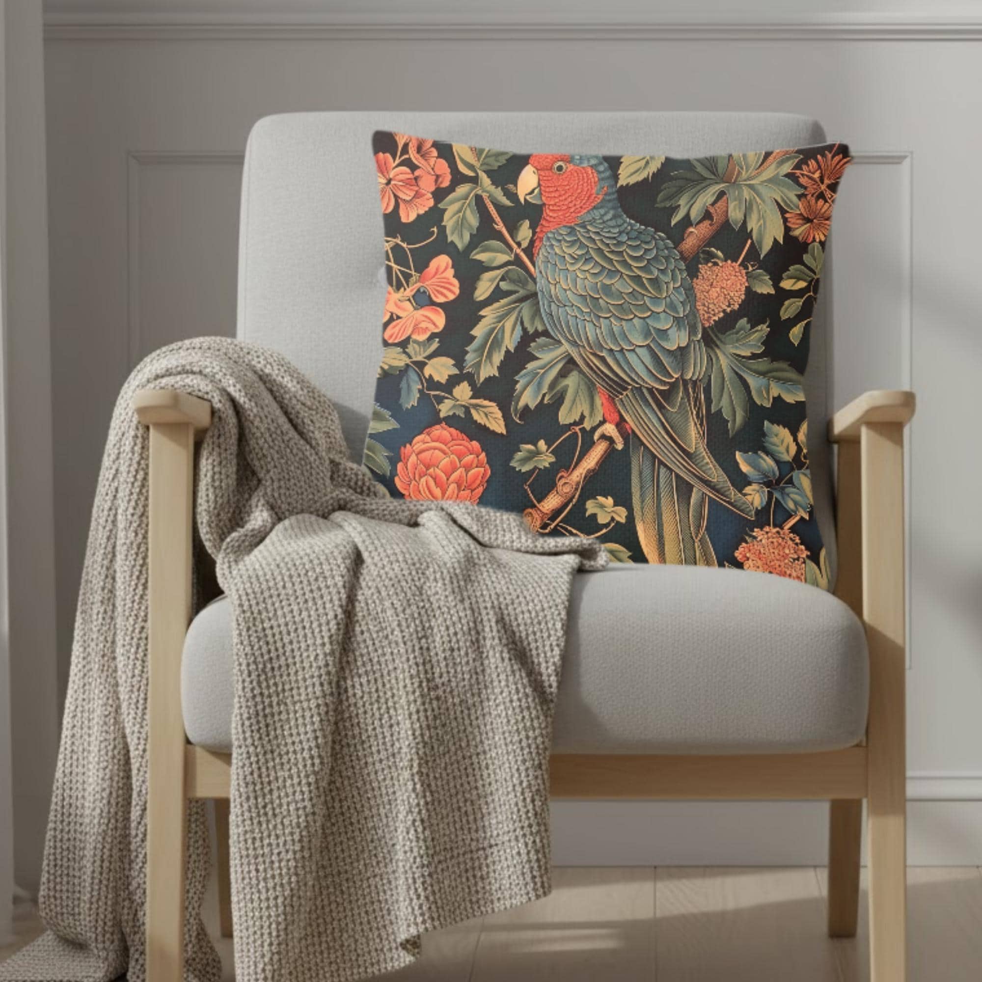Parrot Garden Pillow, William Morris Inspired Botanical Cushion, Tropical Bird Throw Pillow, Elegant Couch Accent, Vintage Parrot Pillowcase