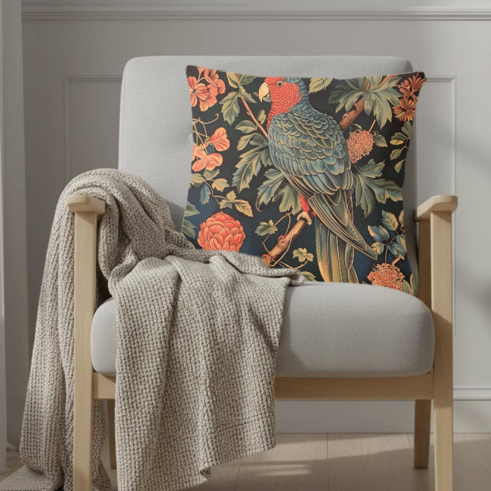 Parrot Garden Pillow, William Morris Inspired Botanical Cushion, Tropical Bird Throw Pillow, Elegant Couch Accent, Vintage Parrot Pillowcase