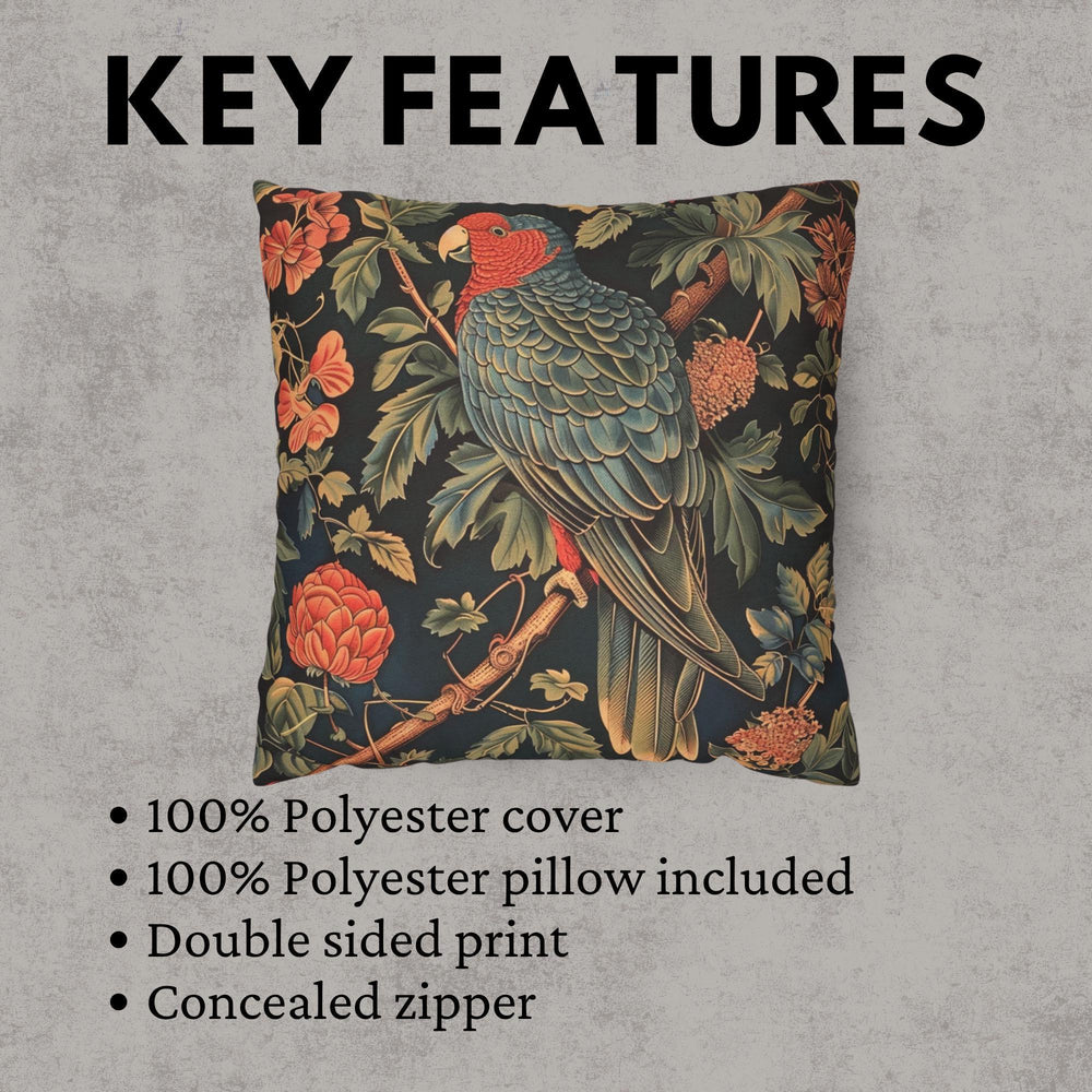 Parrot Garden Pillow, William Morris Inspired Botanical Cushion, Tropical Bird Throw Pillow, Elegant Couch Accent, Vintage Parrot Pillowcase