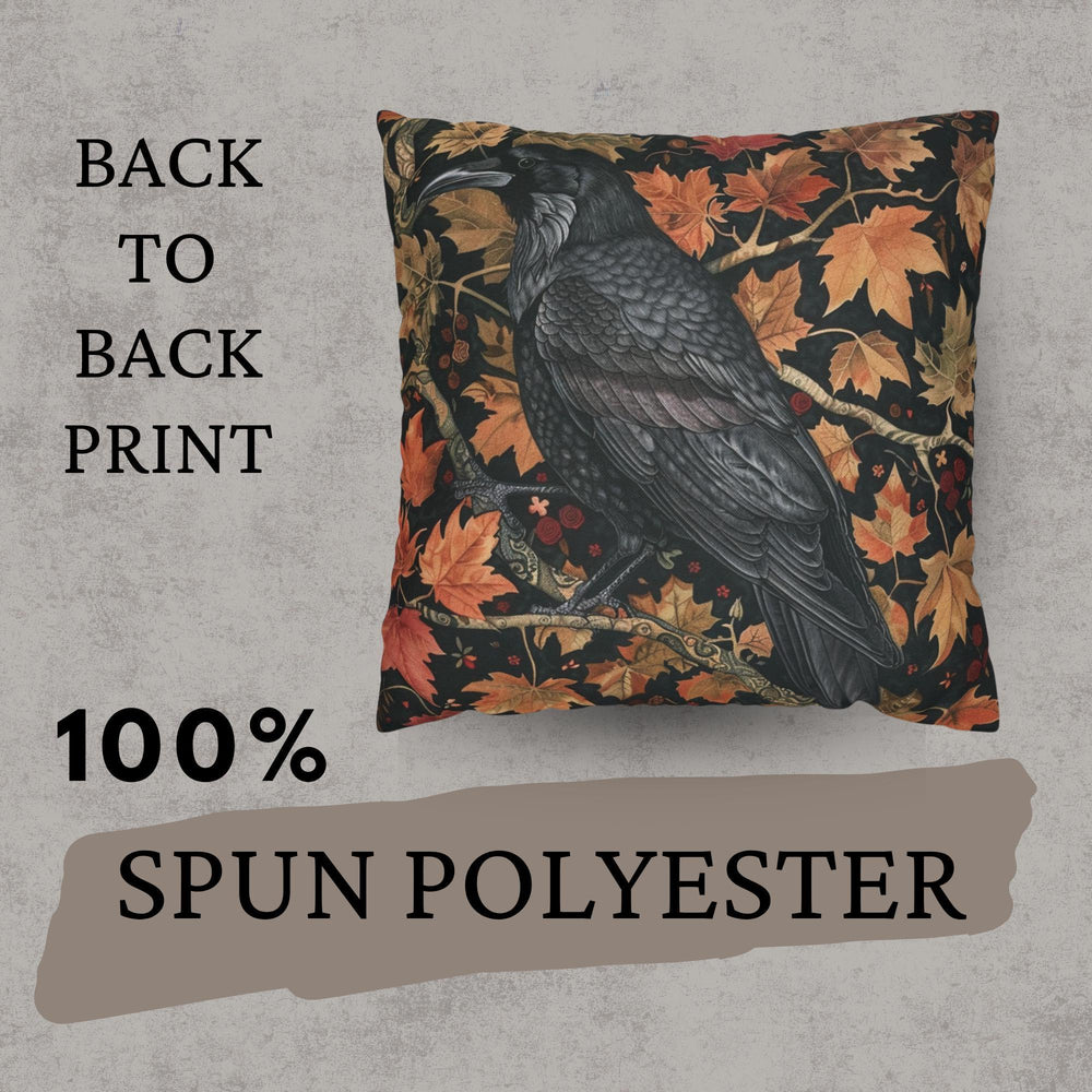 Black Raven Pillow, Autumn Leaves Cushion, William Morris Inspired Throw Pillow, Mystical Couch Accent, Gothic Nature Pillowcase Gift
