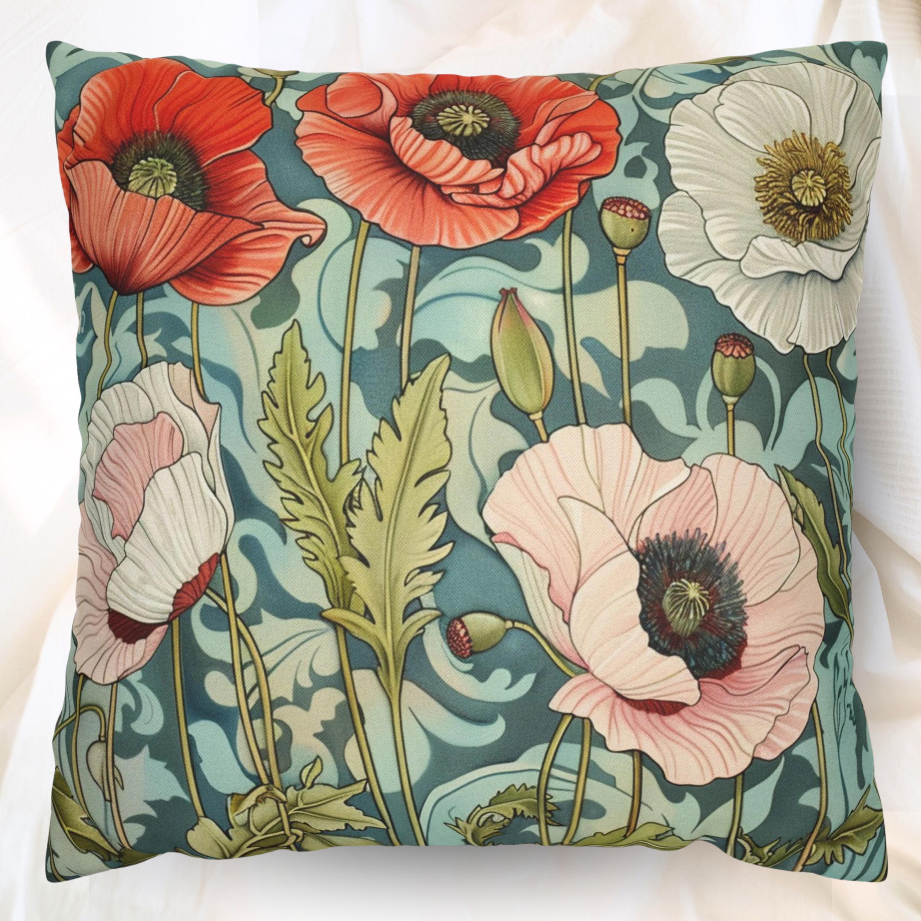 Vintage Poppies William Morris Inspired Pillows, Floral Pillow Case, Artsy Home Accent, Botanical Throw Pillow, Victorian Style Throw Pillow
