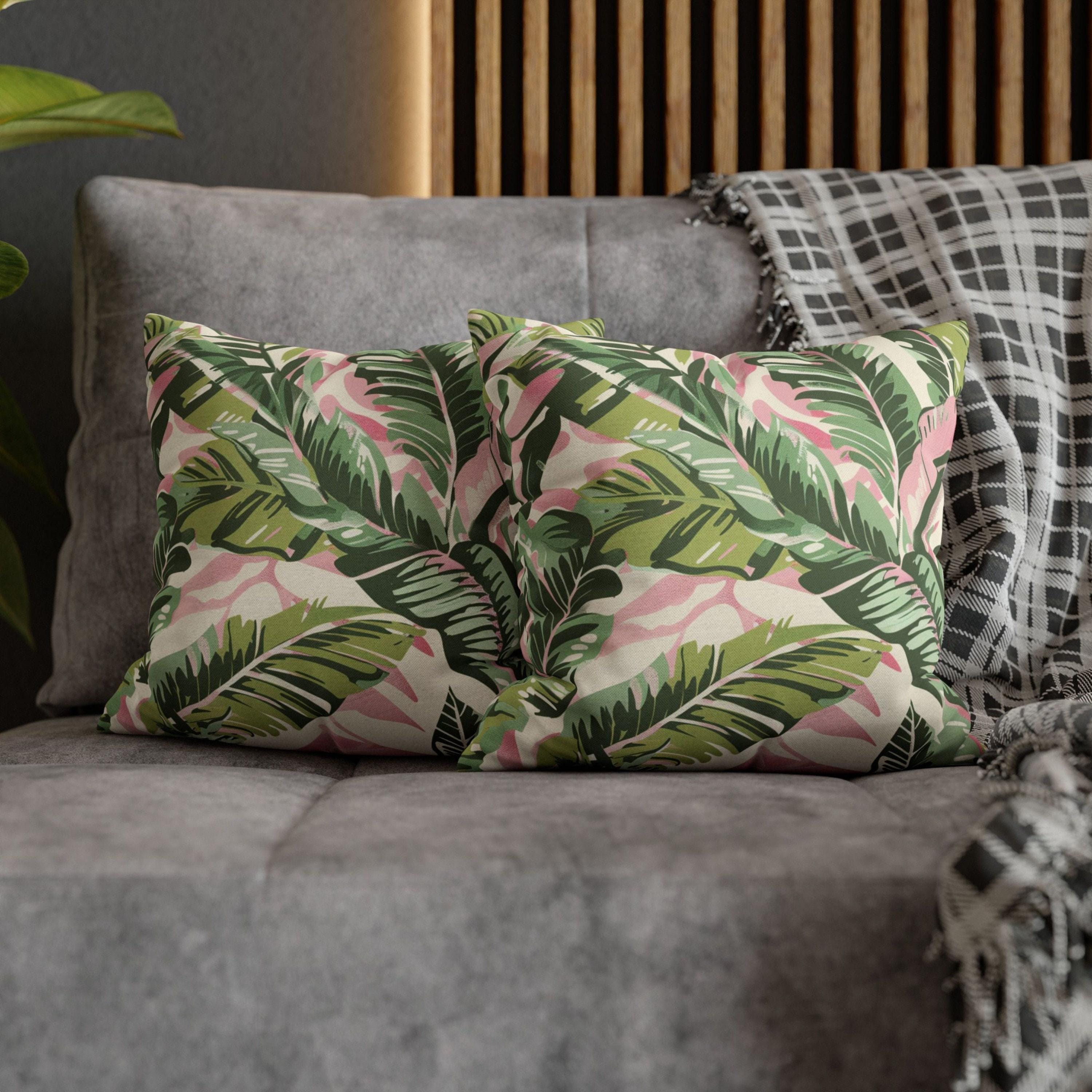 Tropical Pillow Pink And Sage Pillow Palm Leaf Pillow Cover Botanical Cushion Leaf Accent Pillows Tropical Pillow Case Tropical Home decor