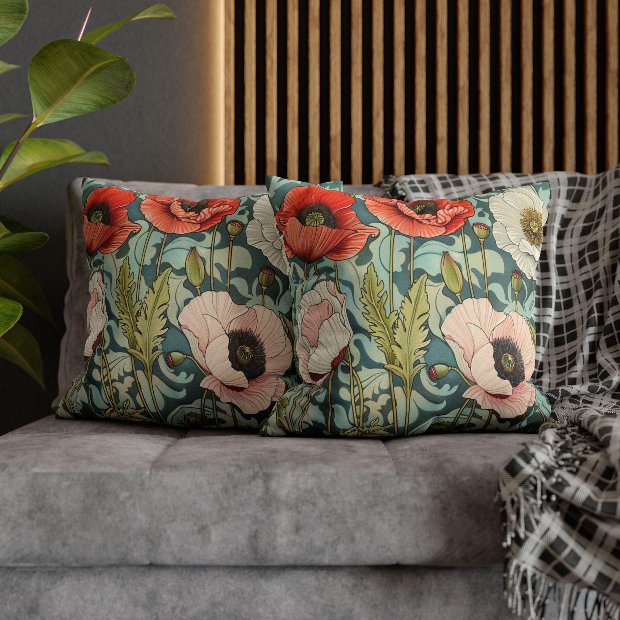 Vintage Poppies William Morris Inspired Pillows, Floral Pillow Case, Artsy Home Accent, Botanical Throw Pillow, Victorian Style Throw Pillow
