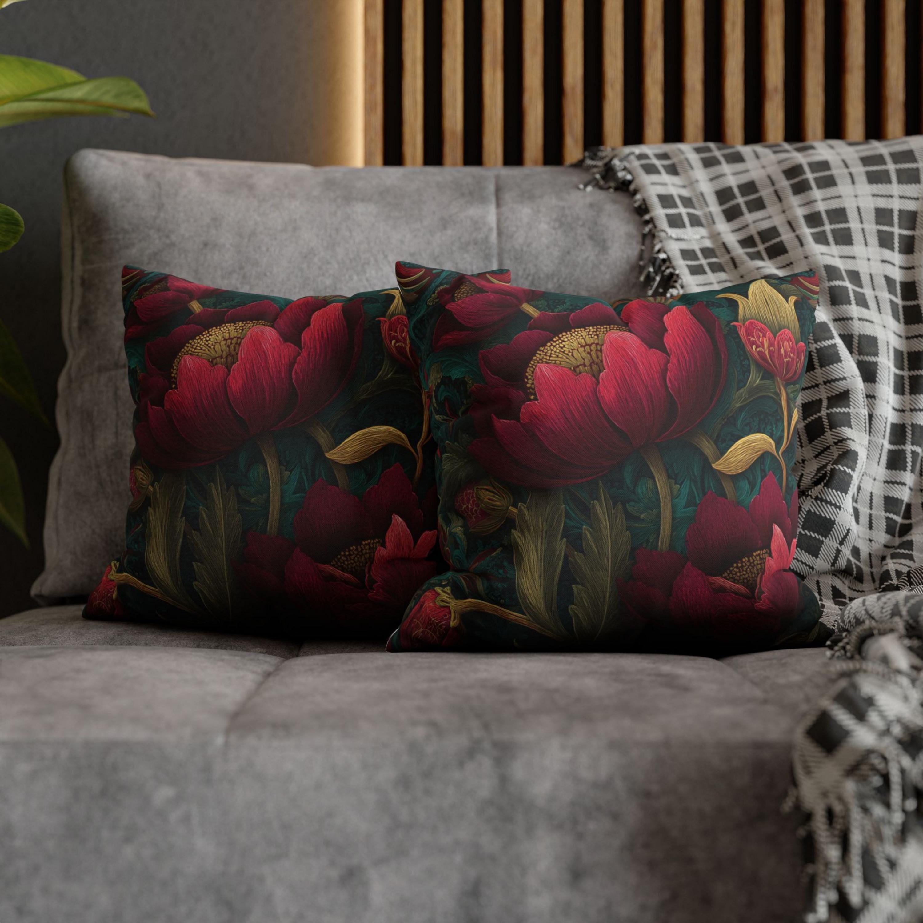 Deep Pink Floral Pillow, Dark Green Botanical Cushion, Vintage Tapestry Throw Pillow, Elegant Bloom Decor, Garden-Inspired Accent