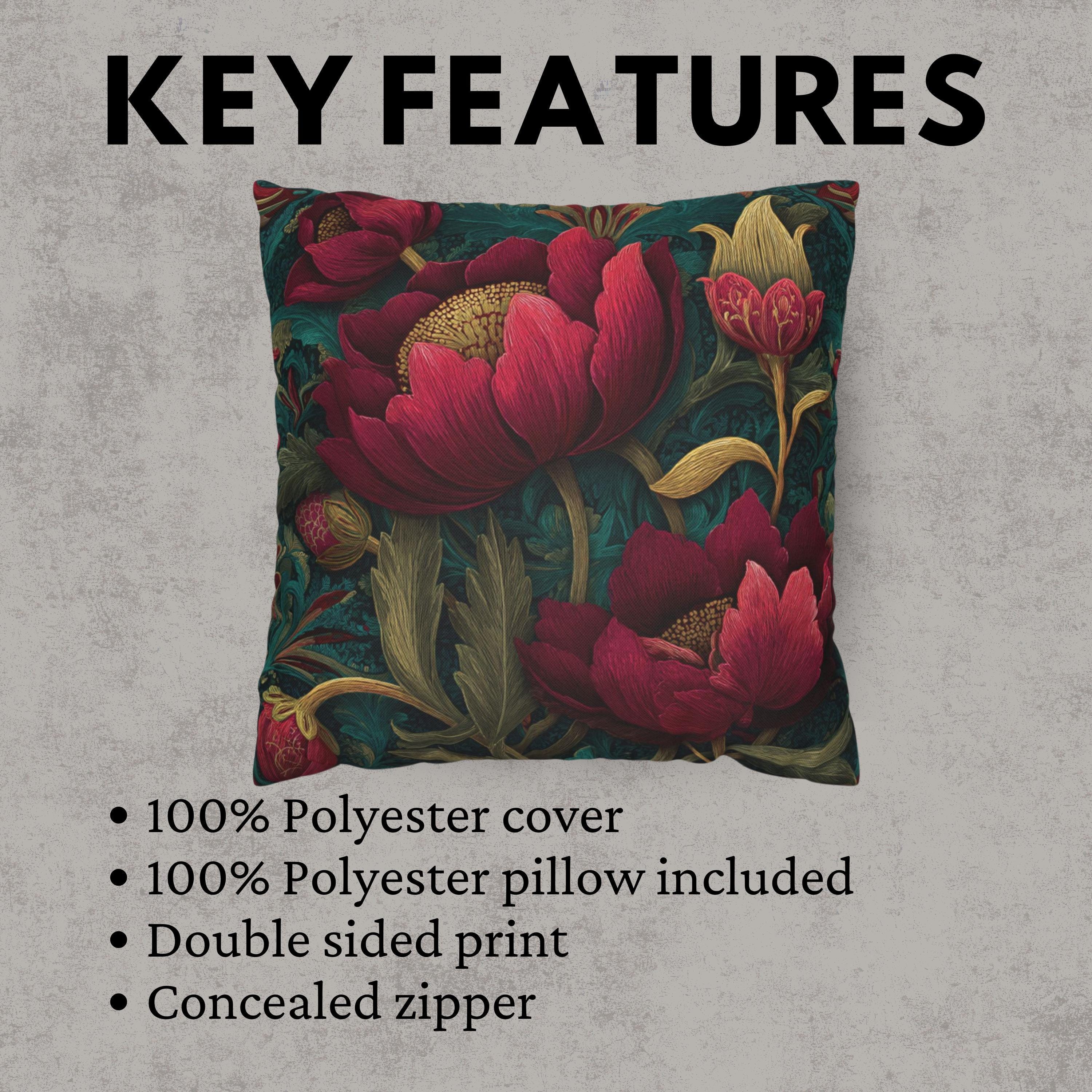 Deep Pink Floral Pillow, Dark Green Botanical Cushion, Vintage Tapestry Throw Pillow, Elegant Bloom Decor, Garden-Inspired Accent