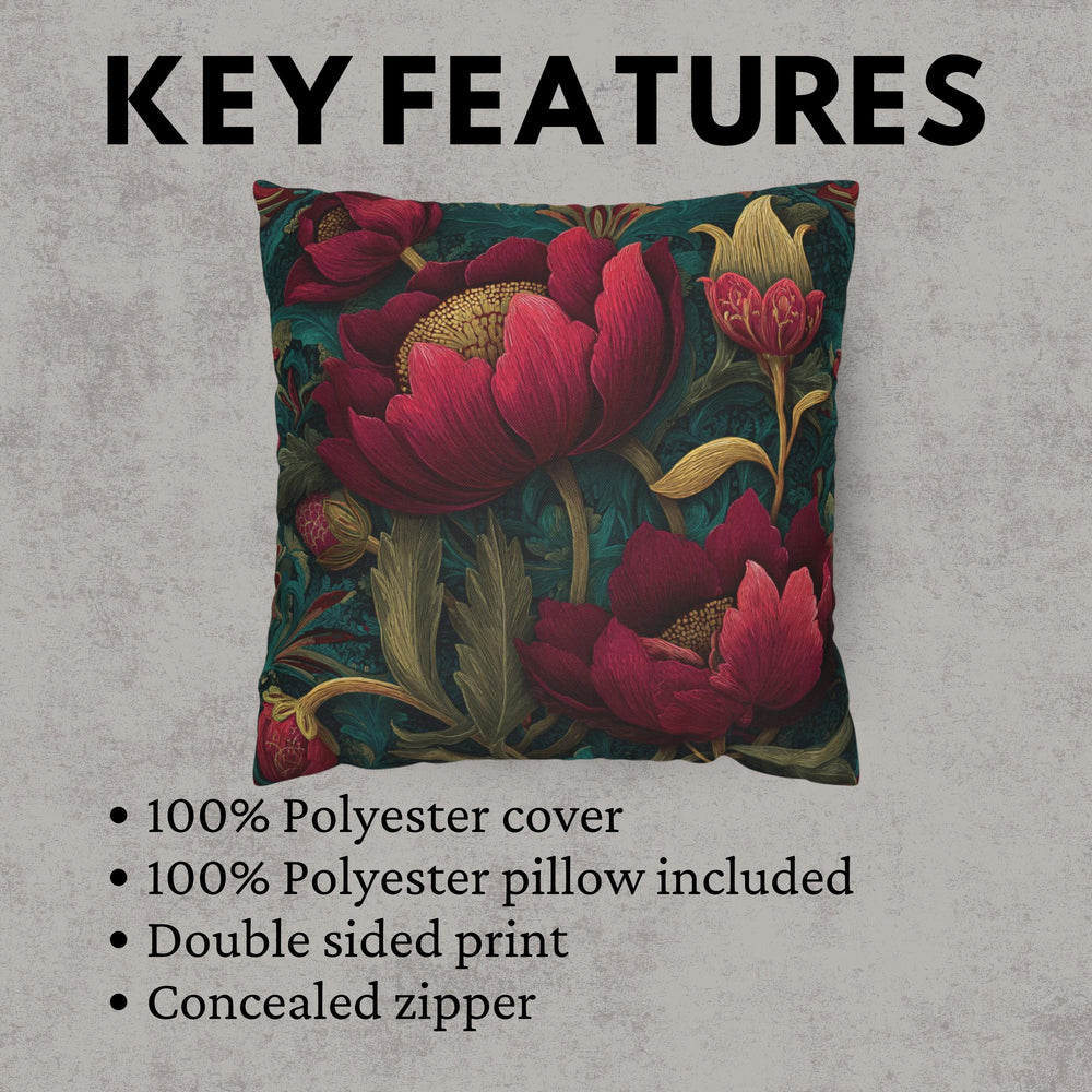 Deep Pink Floral Pillow, Dark Green Botanical Cushion, Vintage Tapestry Throw Pillow, Elegant Bloom Decor, Garden-Inspired Accent