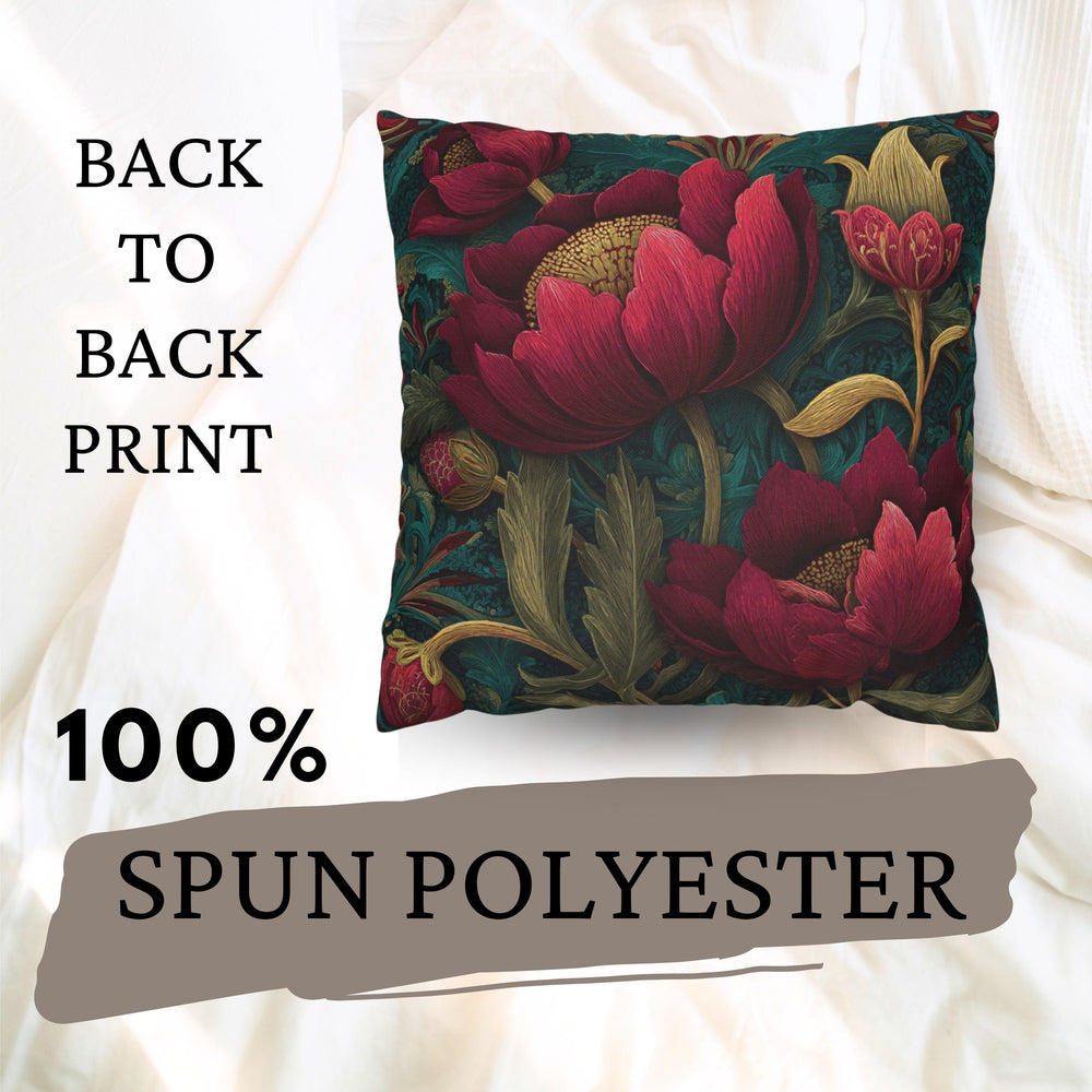 Deep Pink Floral Pillow, Dark Green Botanical Cushion, Vintage Tapestry Throw Pillow, Elegant Bloom Decor, Garden-Inspired Accent