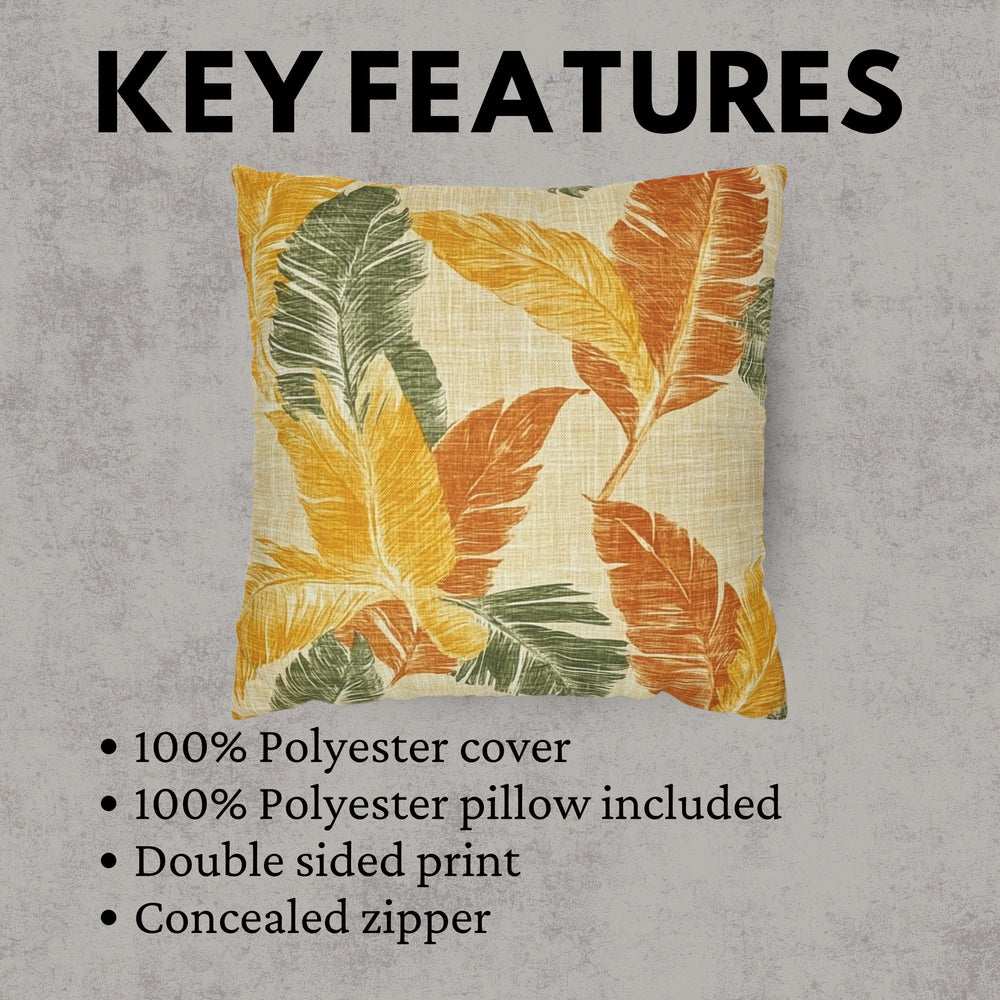 Tropical Leaf Pillow, Yellow and Orange Foliage Cushion Cover, Vibrant Jungle Throw Pillow, Island Botanical Decor, Warm Beach Accent