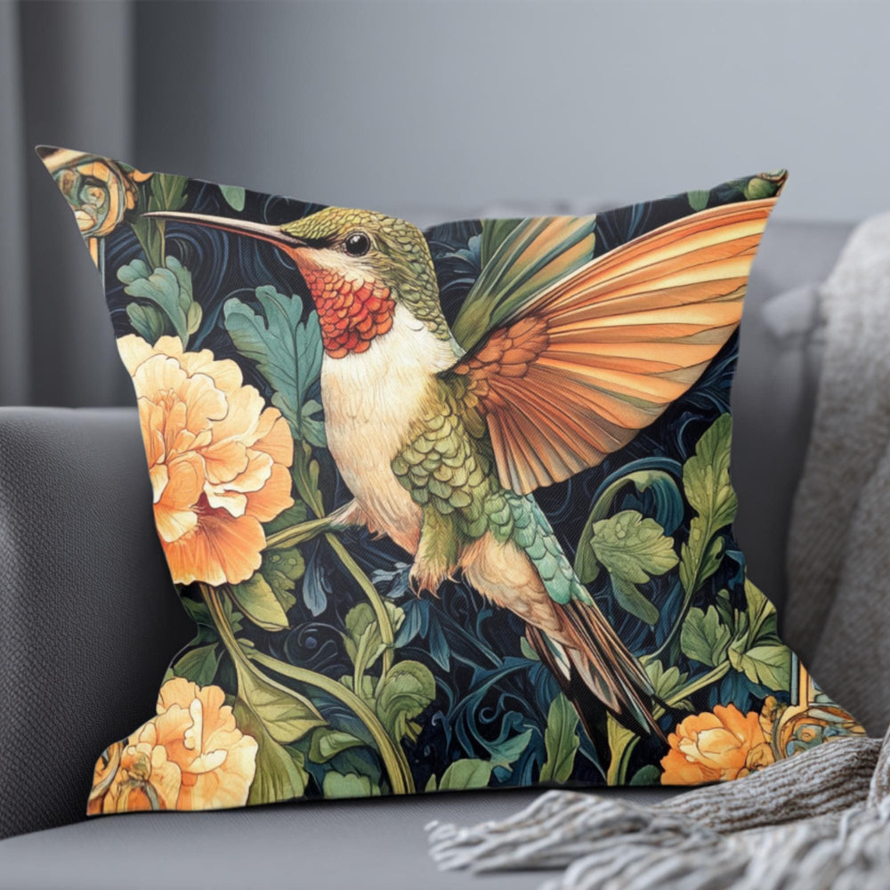 Hummingbird Botanical Pillow, Art Nouveau Floral Cushion, Vintage Nature Throw Pillow, William Morris Pillowcase, Elegant Cottage Accent