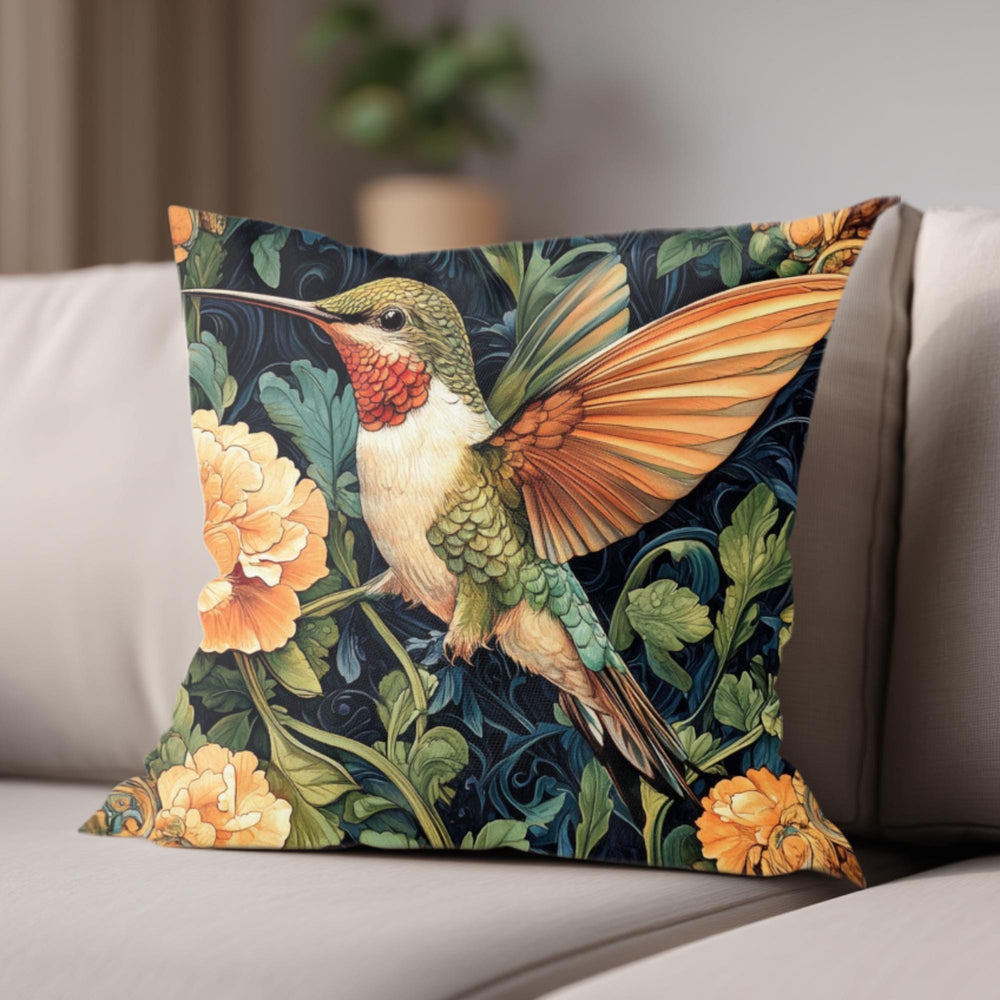 Hummingbird Botanical Pillow, Art Nouveau Floral Cushion, Vintage Nature Throw Pillow, William Morris Pillowcase, Elegant Cottage Accent