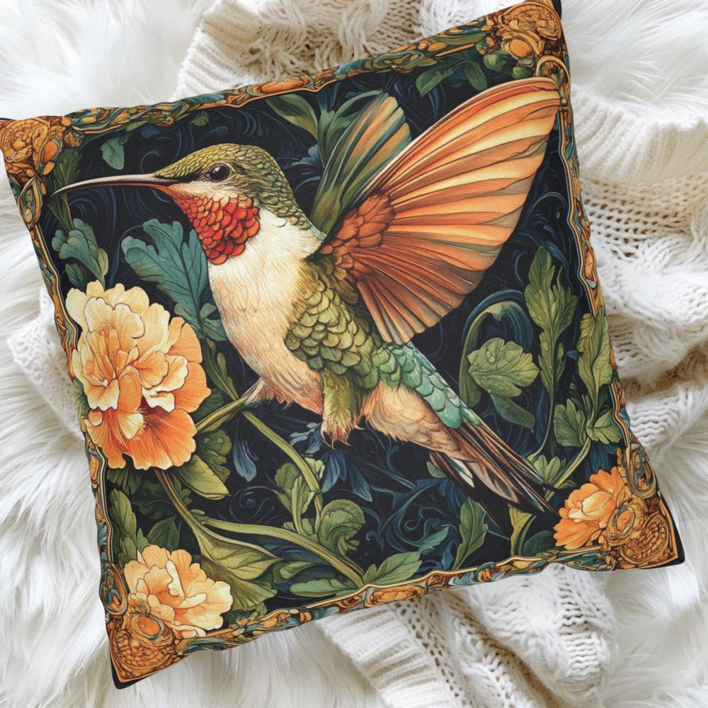 Hummingbird Botanical Pillow, Art Nouveau Floral Cushion, Vintage Nature Throw Pillow, William Morris Pillowcase, Elegant Cottage Accent