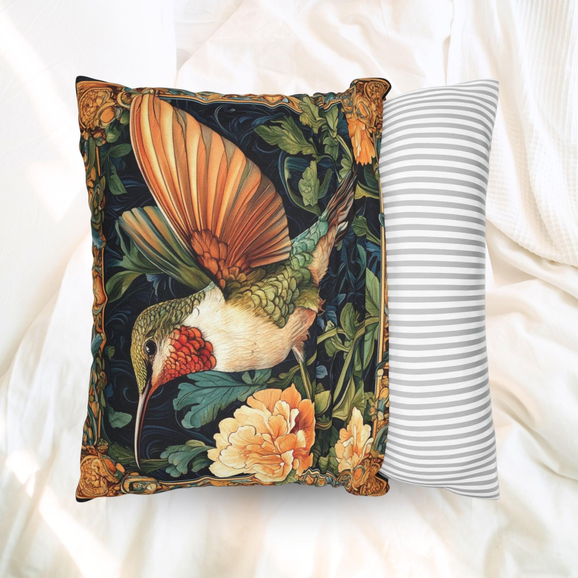Hummingbird Botanical Pillow, Art Nouveau Floral Cushion, Vintage Nature Throw Pillow, William Morris Pillowcase, Elegant Cottage Accent