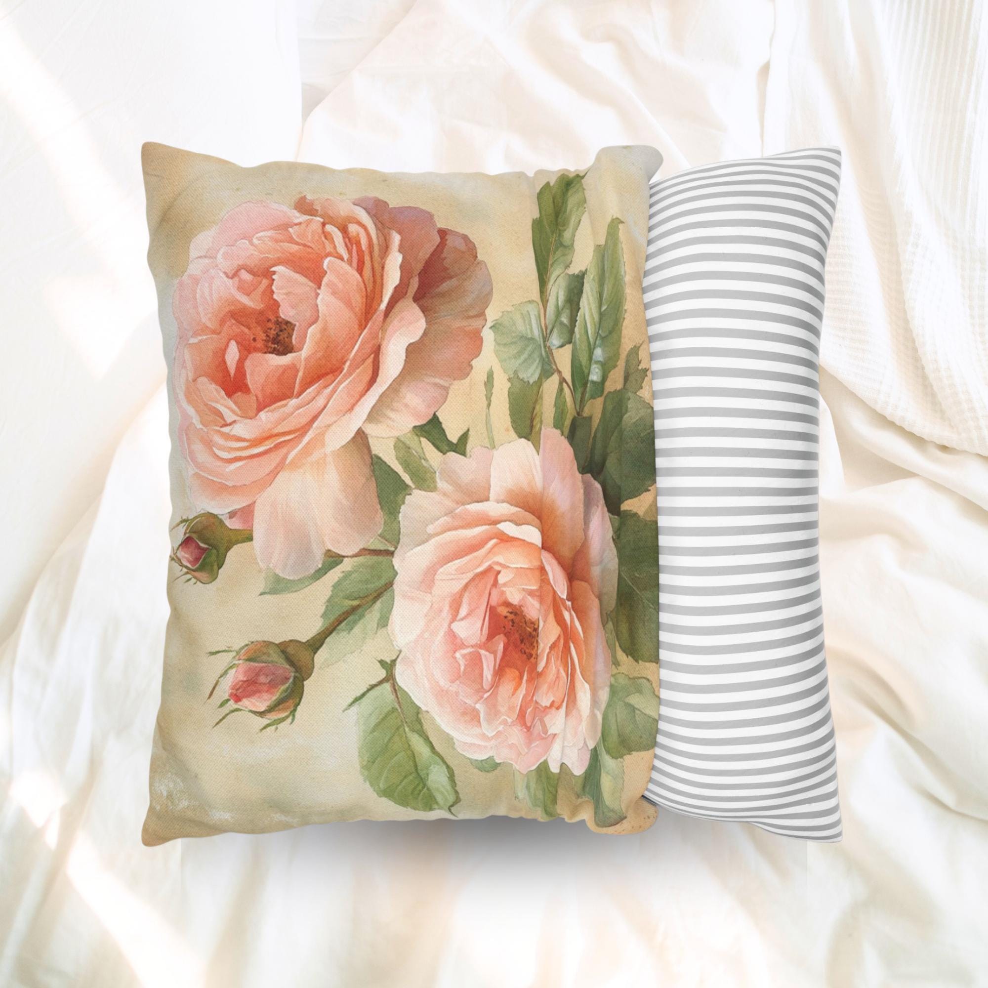 English Blush Rose Pillow, Soft Vintage Floral Cushion, Romantic Botanical Throw Pillow, Cottagecore Pillowcase, Pastel Couch Accent