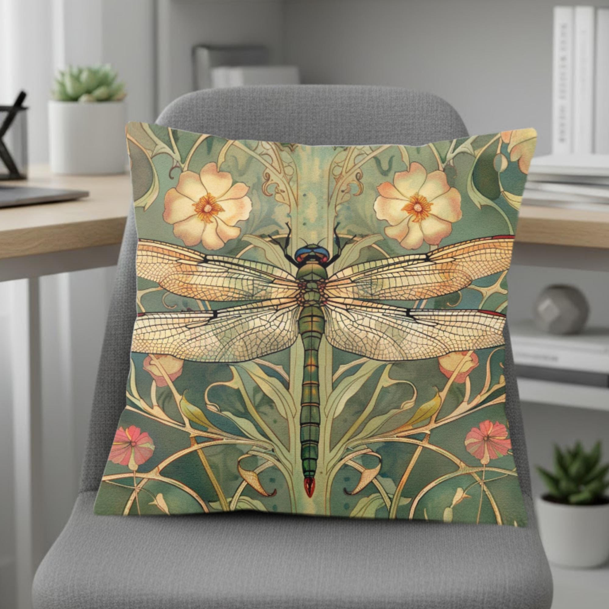 Golden Dragonfly Pillow, Art Nouveau Botanical Cushion, Vintage Nature Inspired Throw Pillow, Elegant Couch Accent, Garden Pillowcase Gift