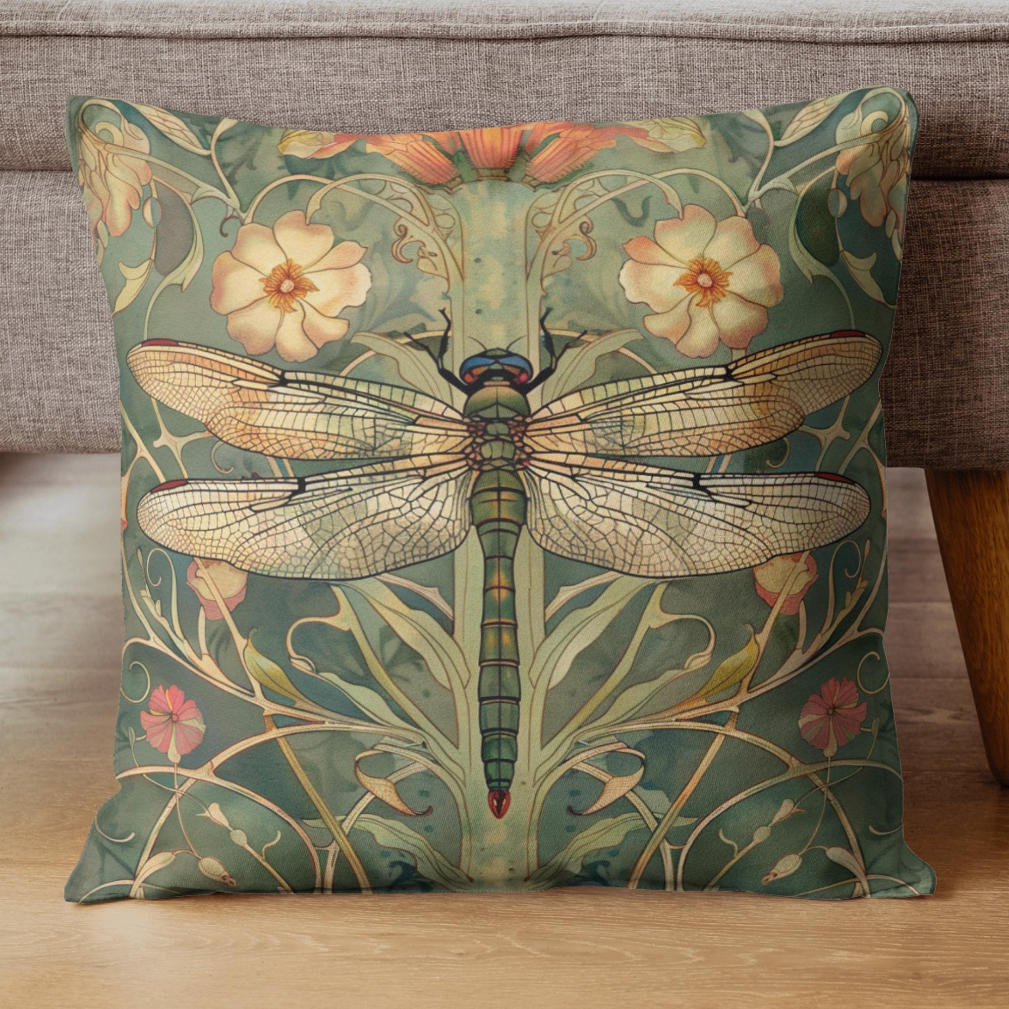 Golden Dragonfly Pillow, Art Nouveau Botanical Cushion, Vintage Nature Inspired Throw Pillow, Elegant Couch Accent, Garden Pillowcase Gift