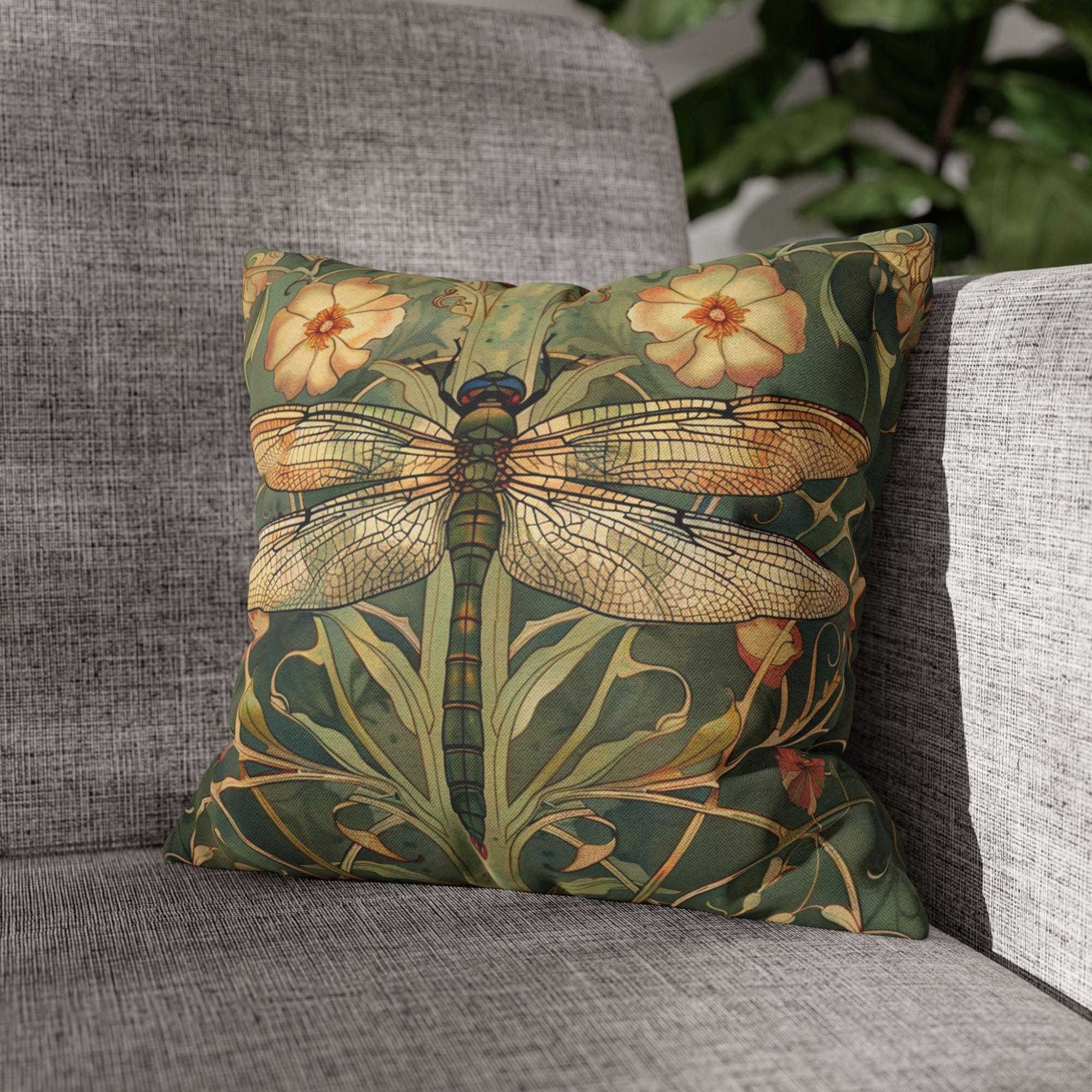 Golden Dragonfly Pillow, Art Nouveau Botanical Cushion, Vintage Nature Inspired Throw Pillow, Elegant Couch Accent, Garden Pillowcase Gift