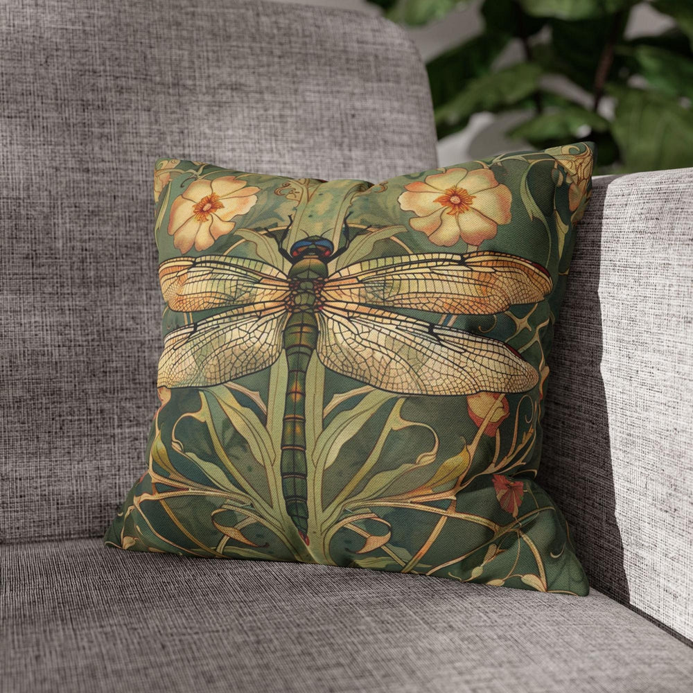 Golden Dragonfly Pillow, Art Nouveau Botanical Cushion, Vintage Nature Inspired Throw Pillow, Elegant Couch Accent, Garden Pillowcase Gift