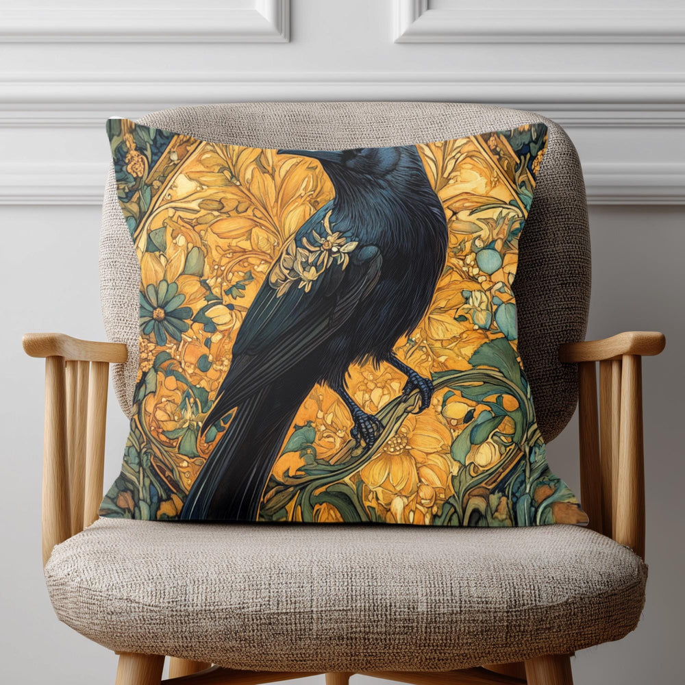 Golden Raven Pillow, Art Nouveau Bird Cushion, Vintage Botanical Throw Pillow, William Morris Pillowcase, Mystical Nature Couch Accent