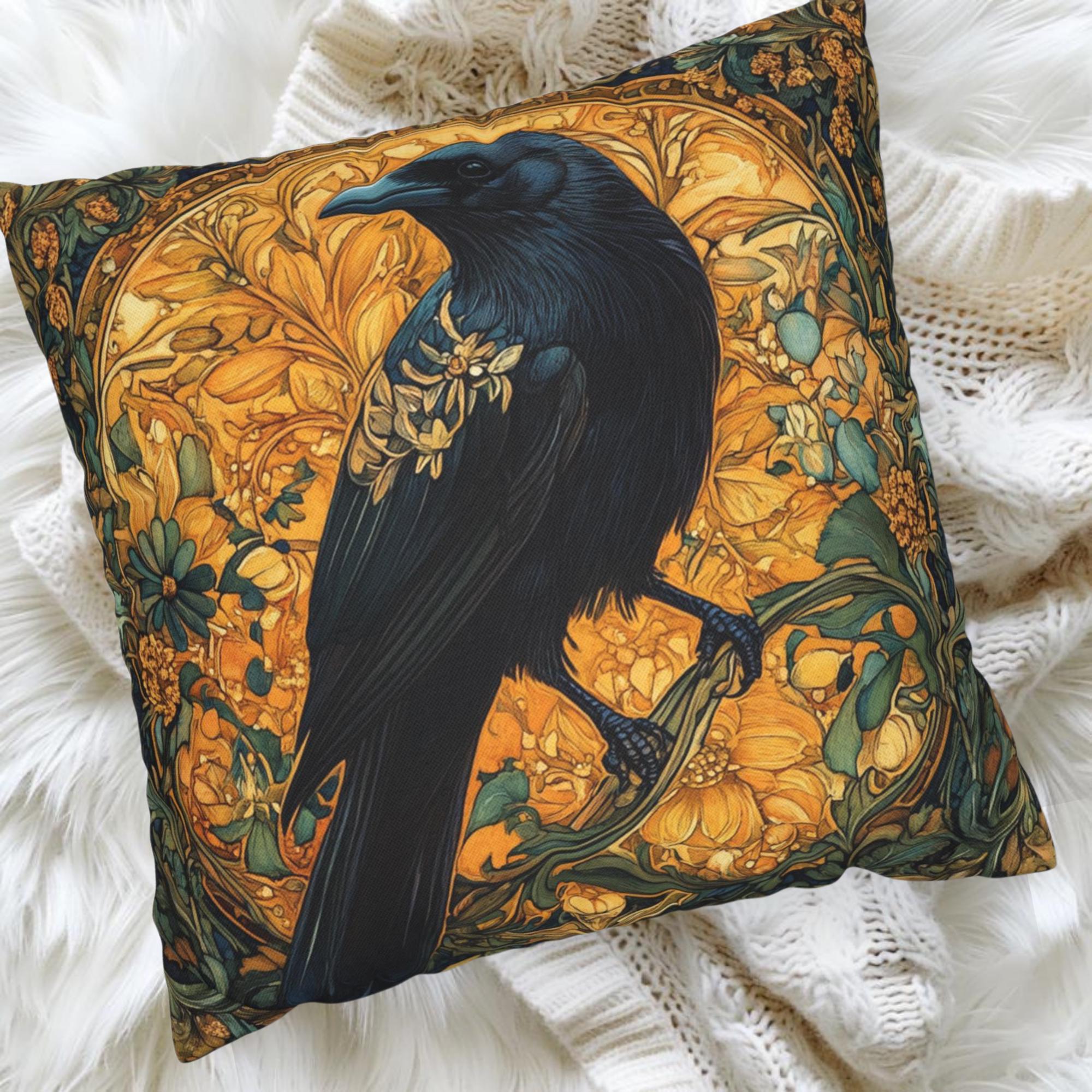 Golden Raven Pillow, Art Nouveau Bird Cushion, Vintage Botanical Throw Pillow, William Morris Pillowcase, Mystical Nature Couch Accent