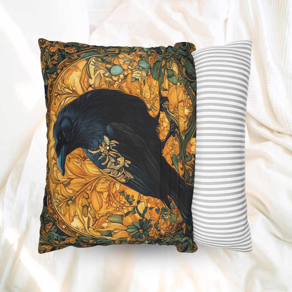 Golden Raven Pillow, Art Nouveau Bird Cushion, Vintage Botanical Throw Pillow, William Morris Pillowcase, Mystical Nature Couch Accent