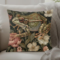 Forest Frog William Morris Pillow, Woodland Animal Cushion, Botanical Nature Throw Pillow, Vintage Frog Pillowcase, Whimsical Couch Accent