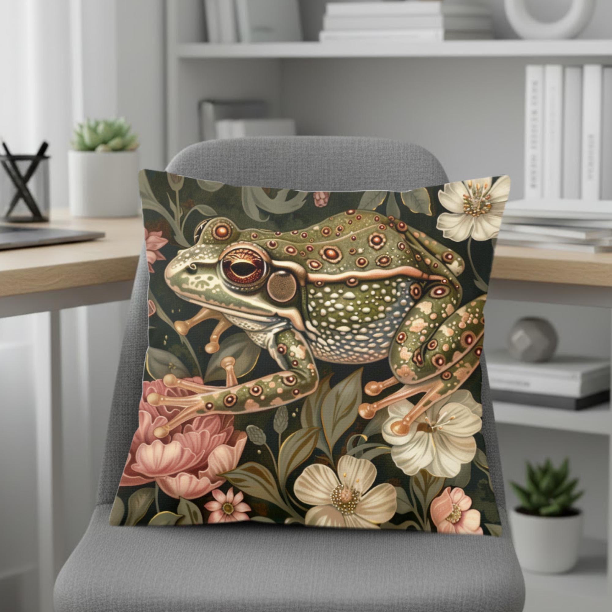 Forest Frog William Morris Pillow, Woodland Animal Cushion, Botanical Nature Throw Pillow, Vintage Frog Pillowcase, Whimsical Couch Accent