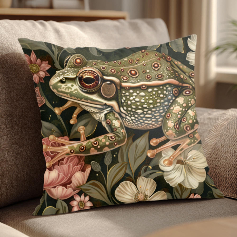 Forest Frog William Morris Pillow, Woodland Animal Cushion, Botanical Nature Throw Pillow, Vintage Frog Pillowcase, Whimsical Couch Accent