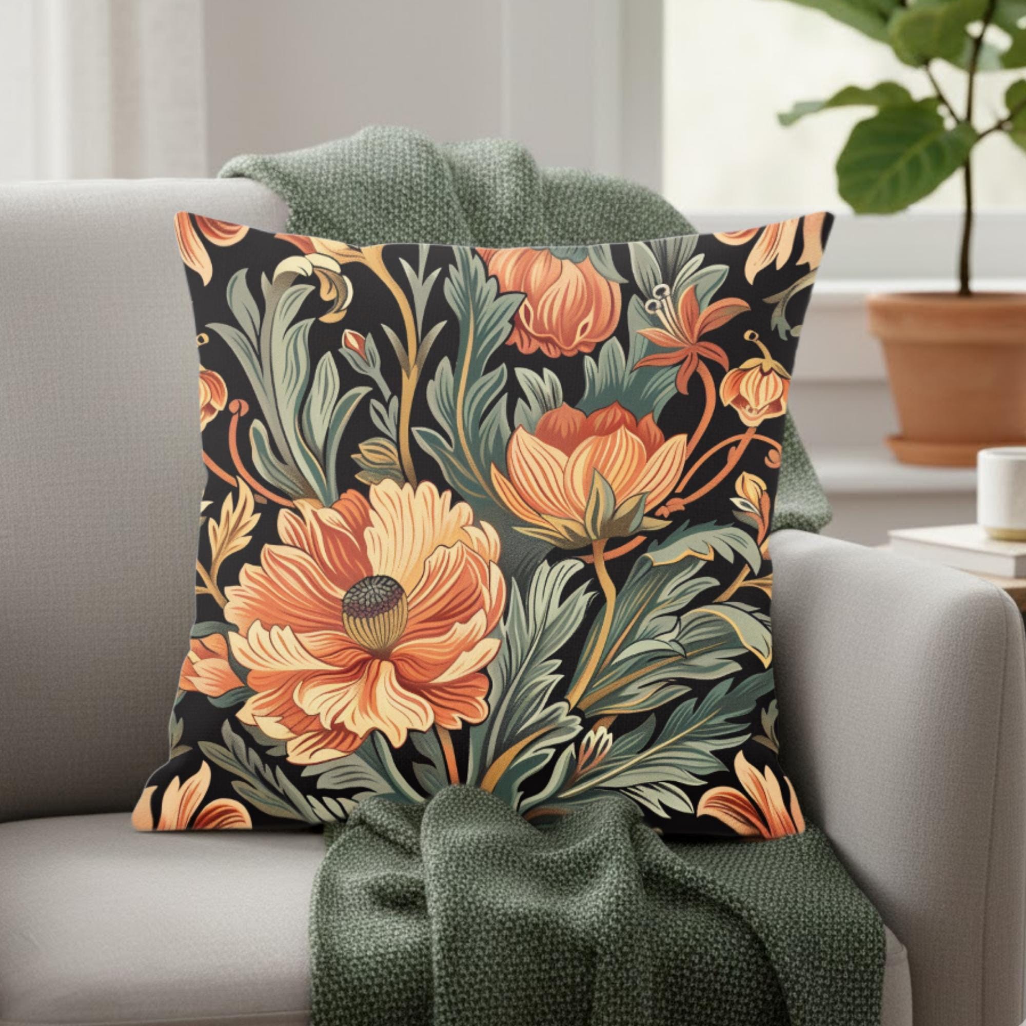 Warm Garden Floral Pillow, William Morris Botanical Cushion, Vintage Flower Throw Pillow, Nature Inspired Pillowcase, Cozy Couch Accent