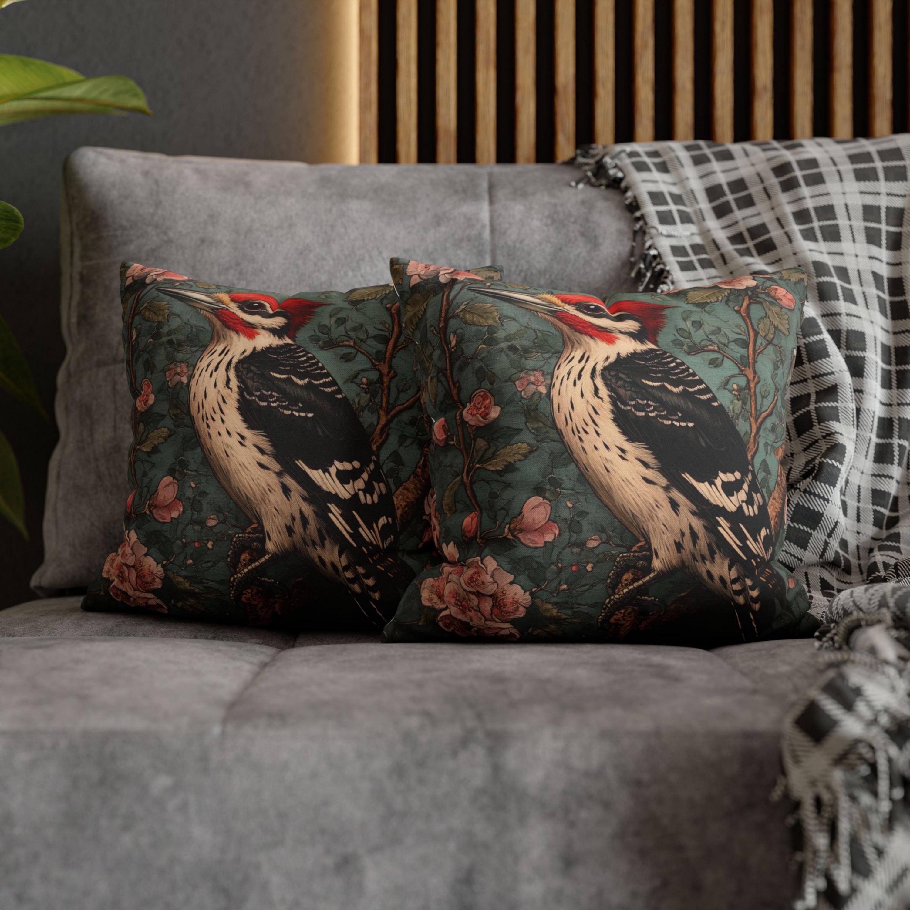 Vintage Woodpecker Floral Pillow, William Morris Style Cushion, Victorian Bird Art Accent, Cottagecore Home Decor, Rustic Botanical Decor