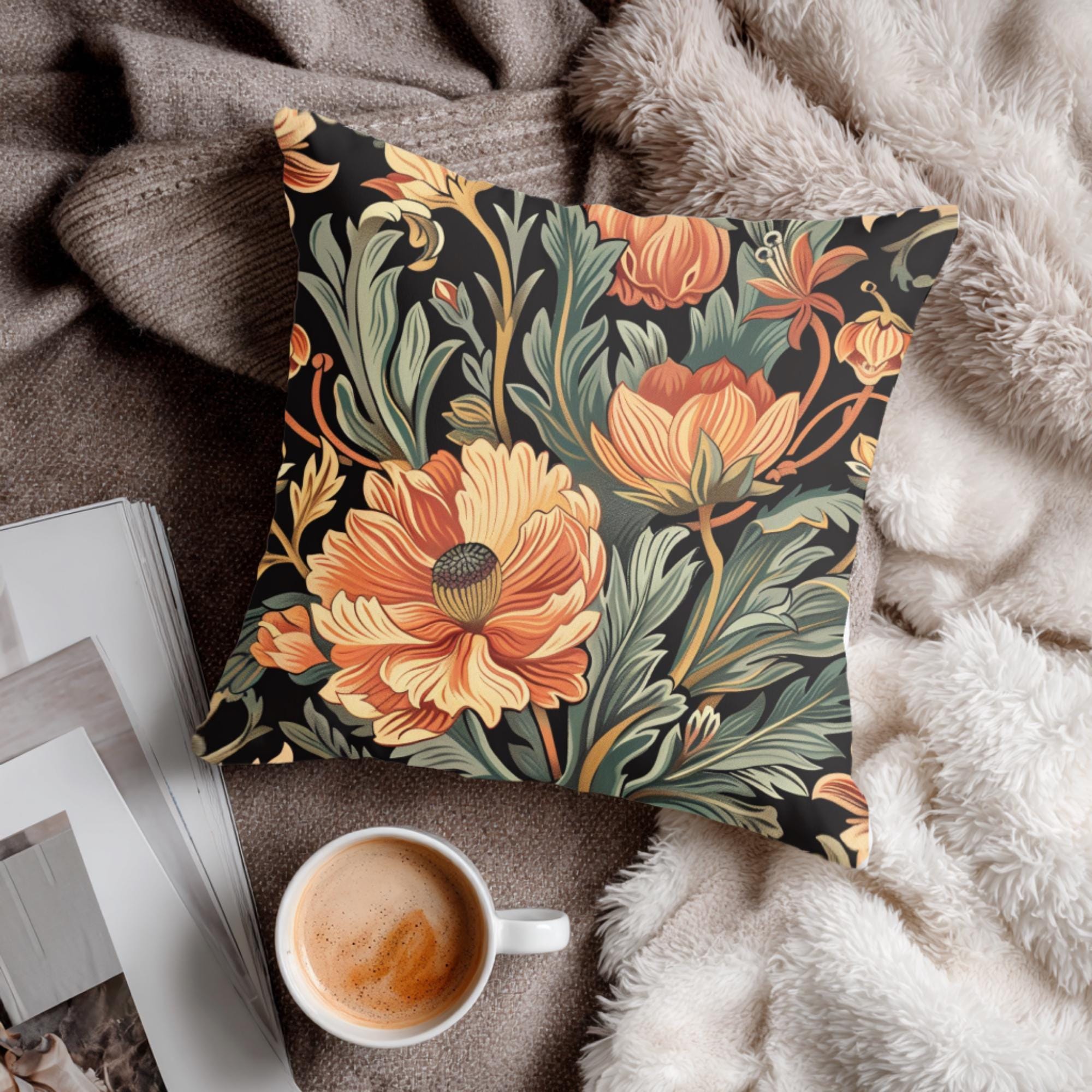 Warm Garden Floral Pillow, William Morris Botanical Cushion, Vintage Flower Throw Pillow, Nature Inspired Pillowcase, Cozy Couch Accent