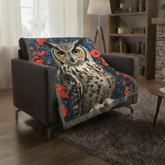 Owl Woven Blanket, Woodland Bird Throw, Floral Tapestry Wall Hanging, Cozy Sofa Blanket Gift, Enchanted Forest Decor Accent