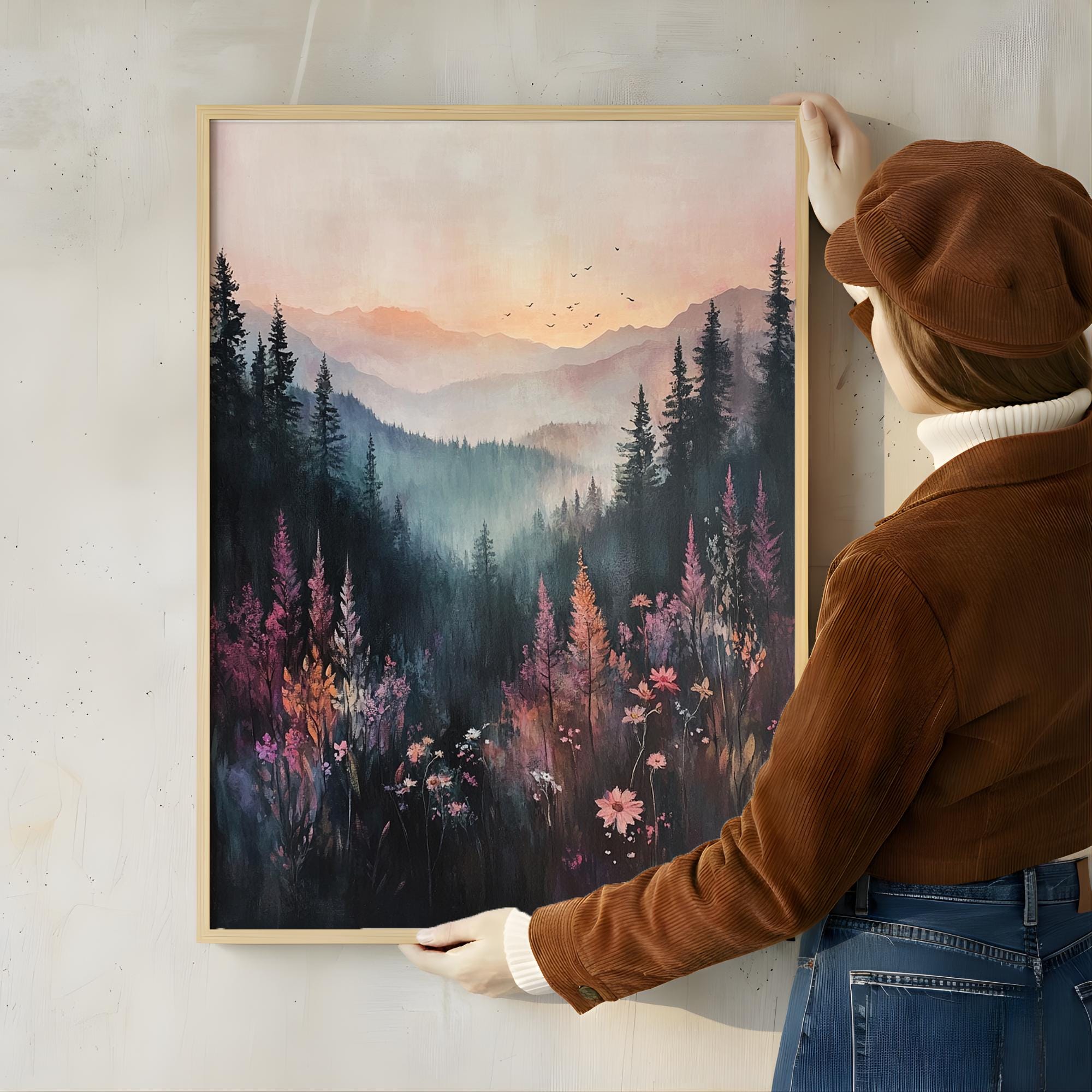 Moody Mountain Wall Art, Misty Forest Valley Canvas, Wildflower Landscape Print, Nature Wall Decor, Elegant Home Accent
