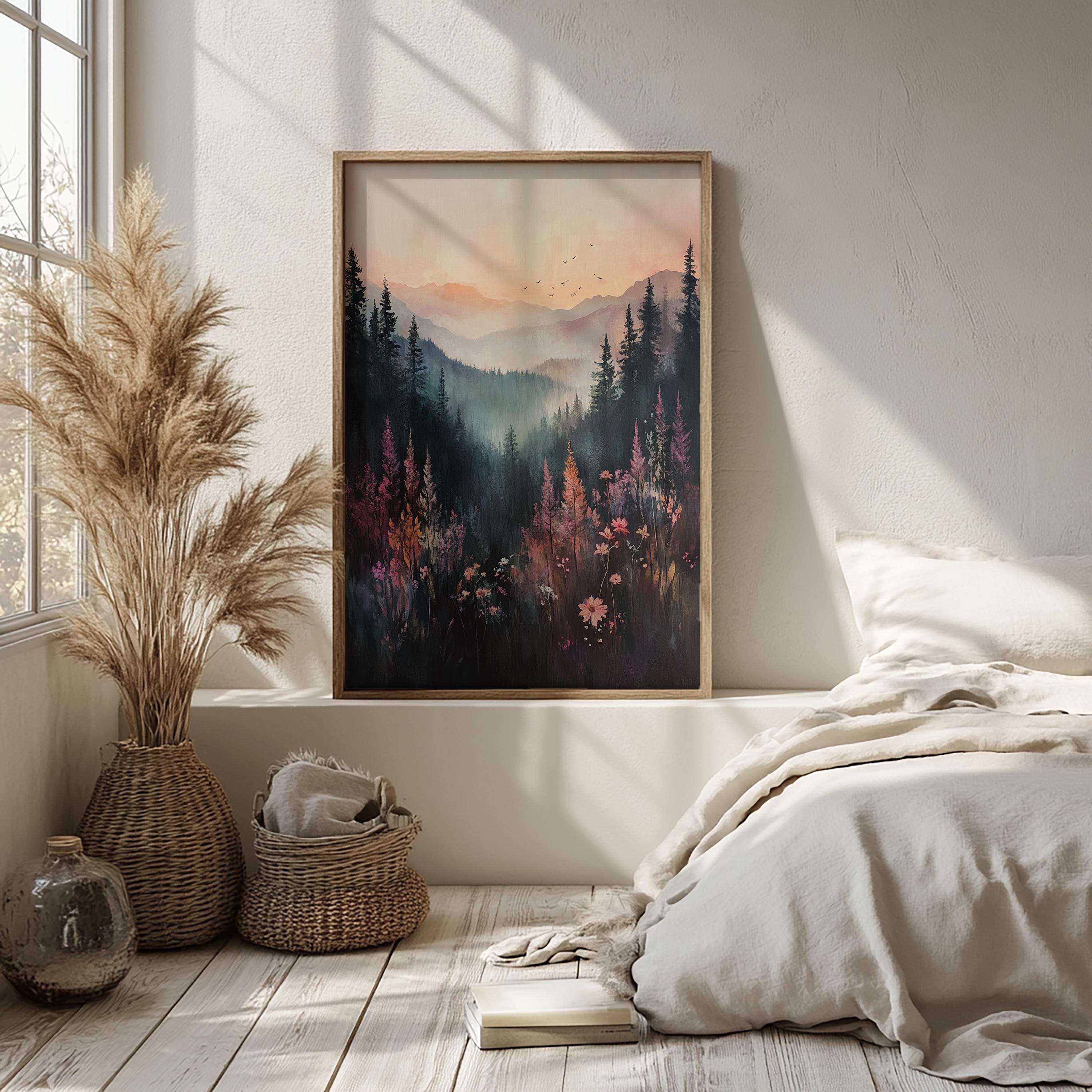 Moody Mountain Wall Art, Misty Forest Valley Canvas, Wildflower Landscape Print, Nature Wall Decor, Elegant Home Accent