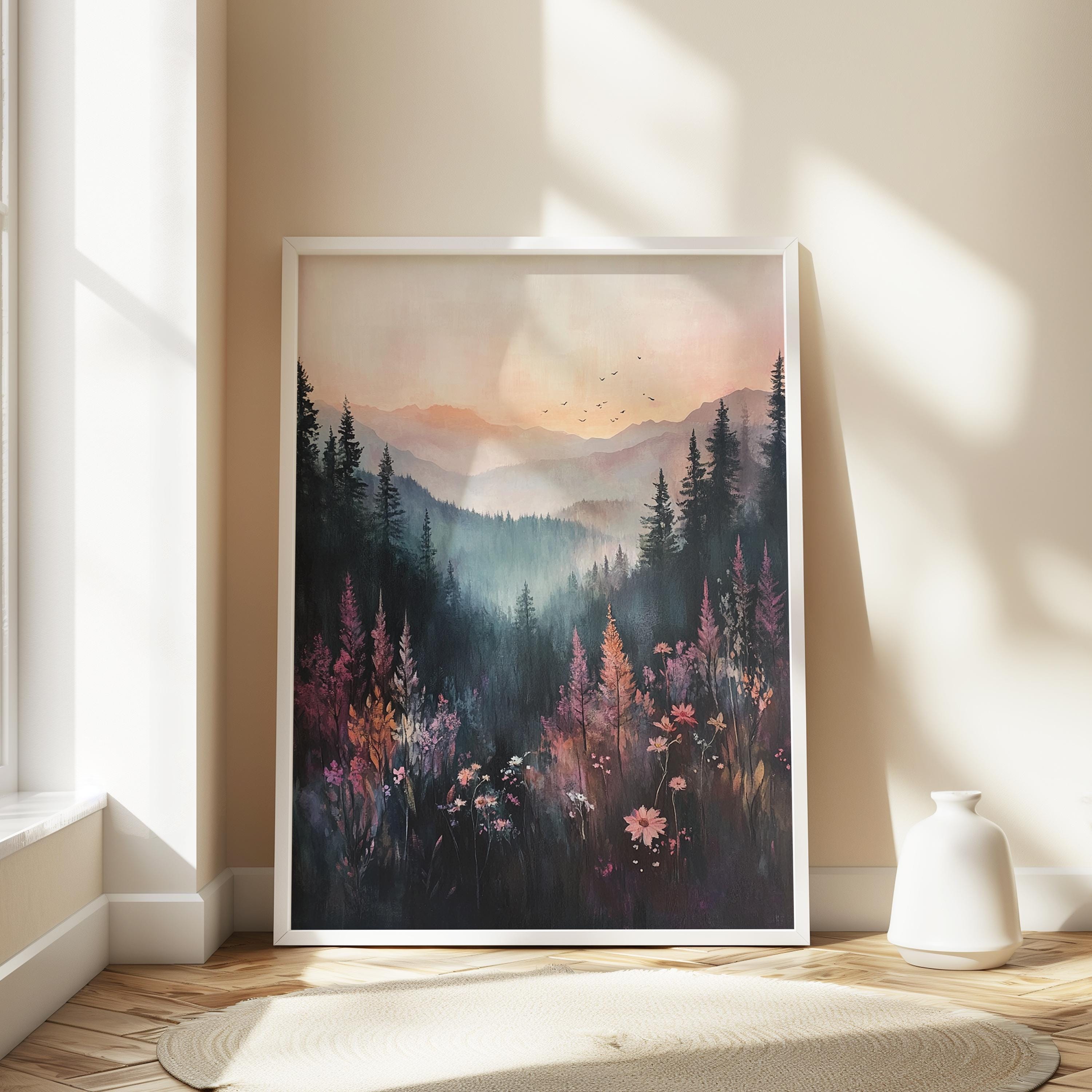 Moody Mountain Wall Art, Misty Forest Valley Canvas, Wildflower Landscape Print, Nature Wall Decor, Elegant Home Accent