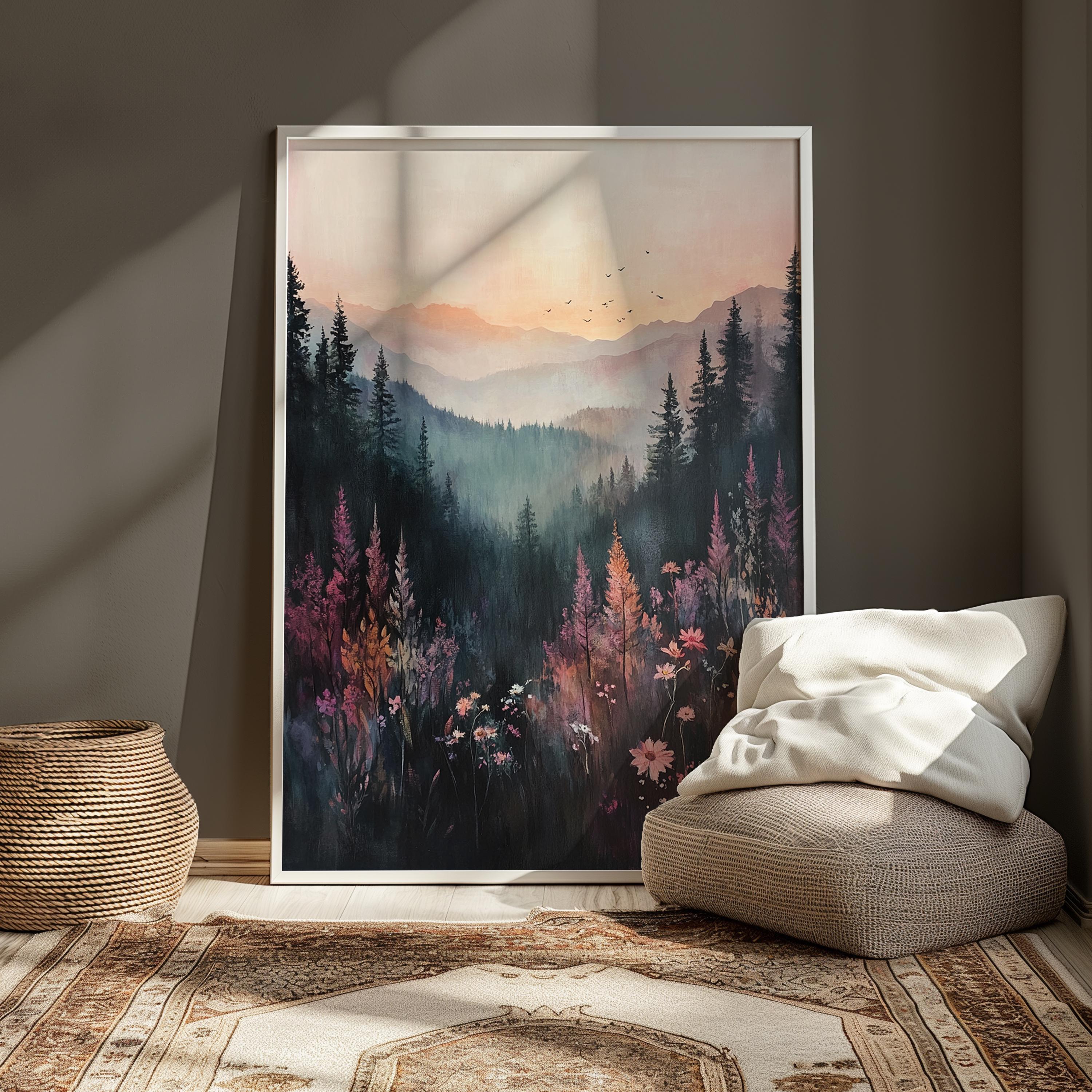 Moody Mountain Wall Art, Misty Forest Valley Canvas, Wildflower Landscape Print, Nature Wall Decor, Elegant Home Accent