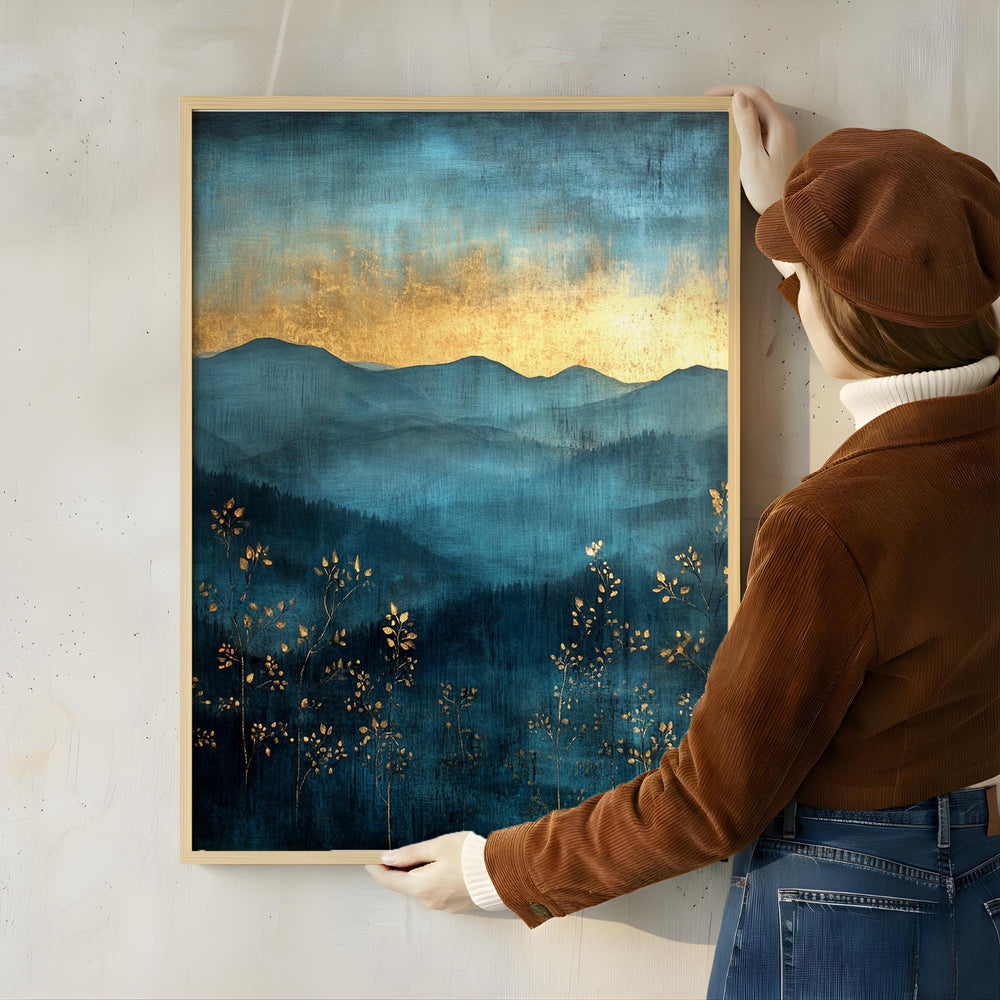 Moody Mountain Wall Art, Blue Mist Valley Canvas, Golden Horizon Landscape Print, Nature Wall Decor, Elegant Home Accent