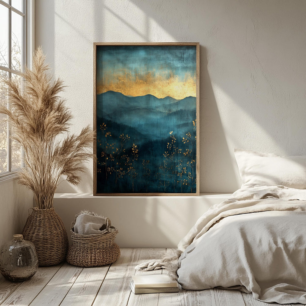 Moody Mountain Wall Art, Blue Mist Valley Canvas, Golden Horizon Landscape Print, Nature Wall Decor, Elegant Home Accent