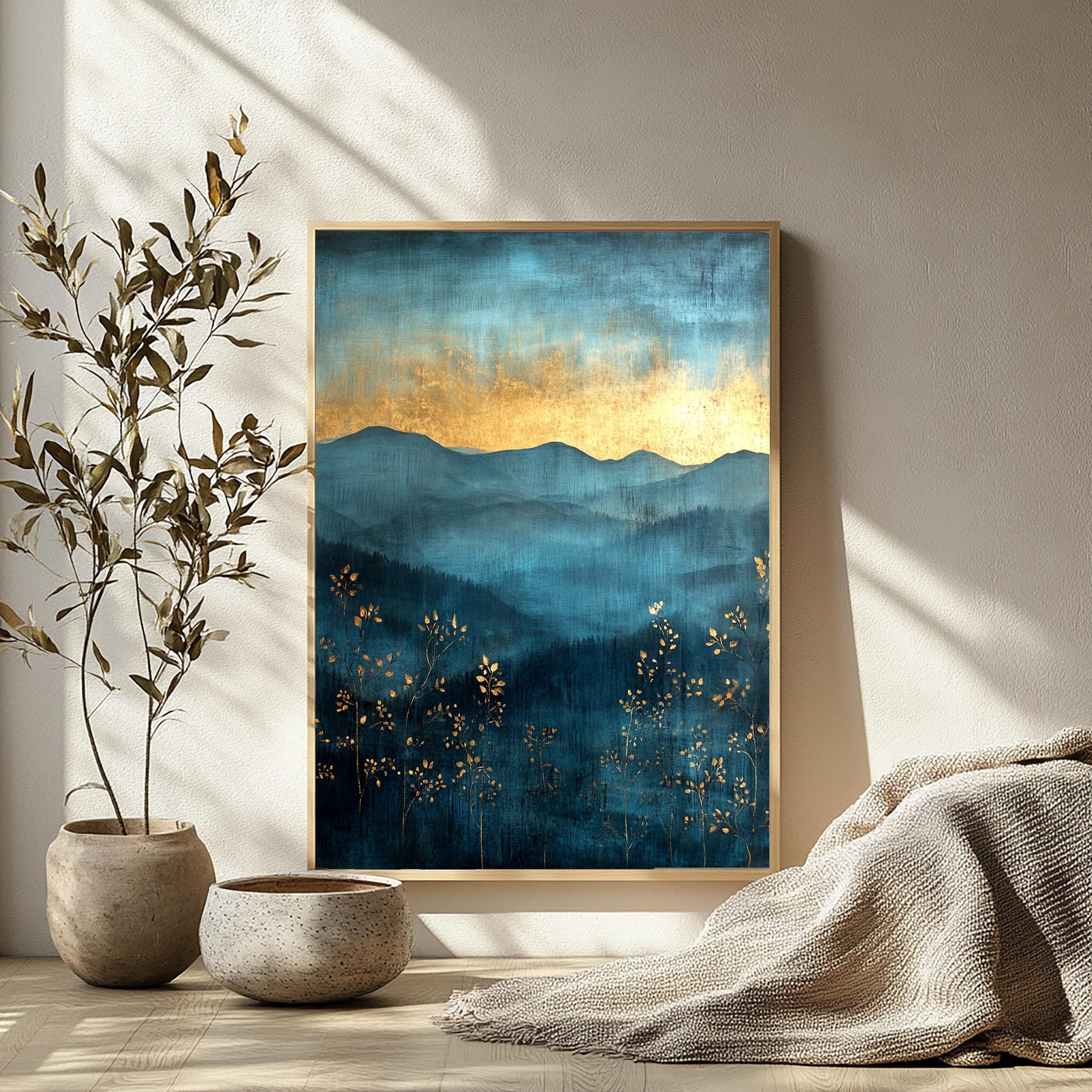 Moody Mountain Wall Art, Blue Mist Valley Canvas, Golden Horizon Landscape Print, Nature Wall Decor, Elegant Home Accent