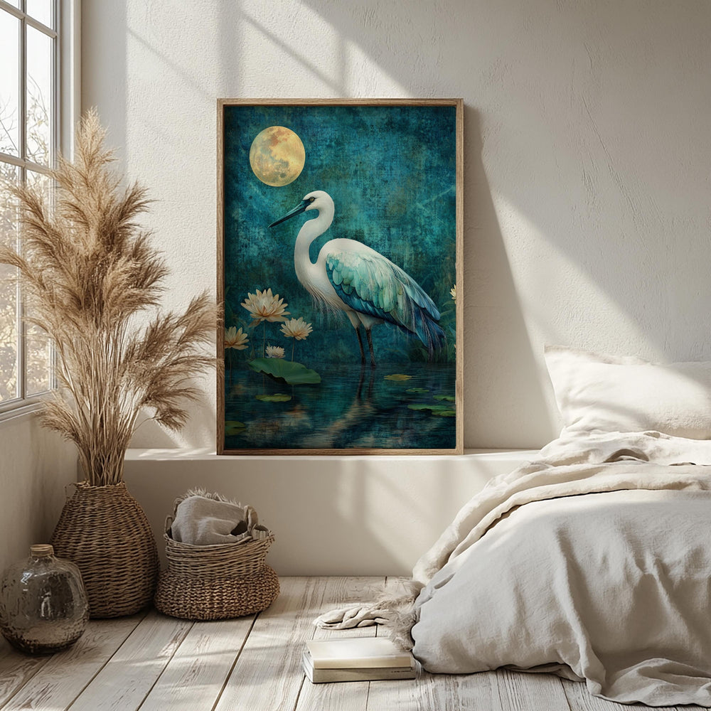 Mystical Heron Wall Art, Moonlit Lotus Pond Canvas, Blue Bird Landscape Print, Nature Wall Decor, Serene Home Accent